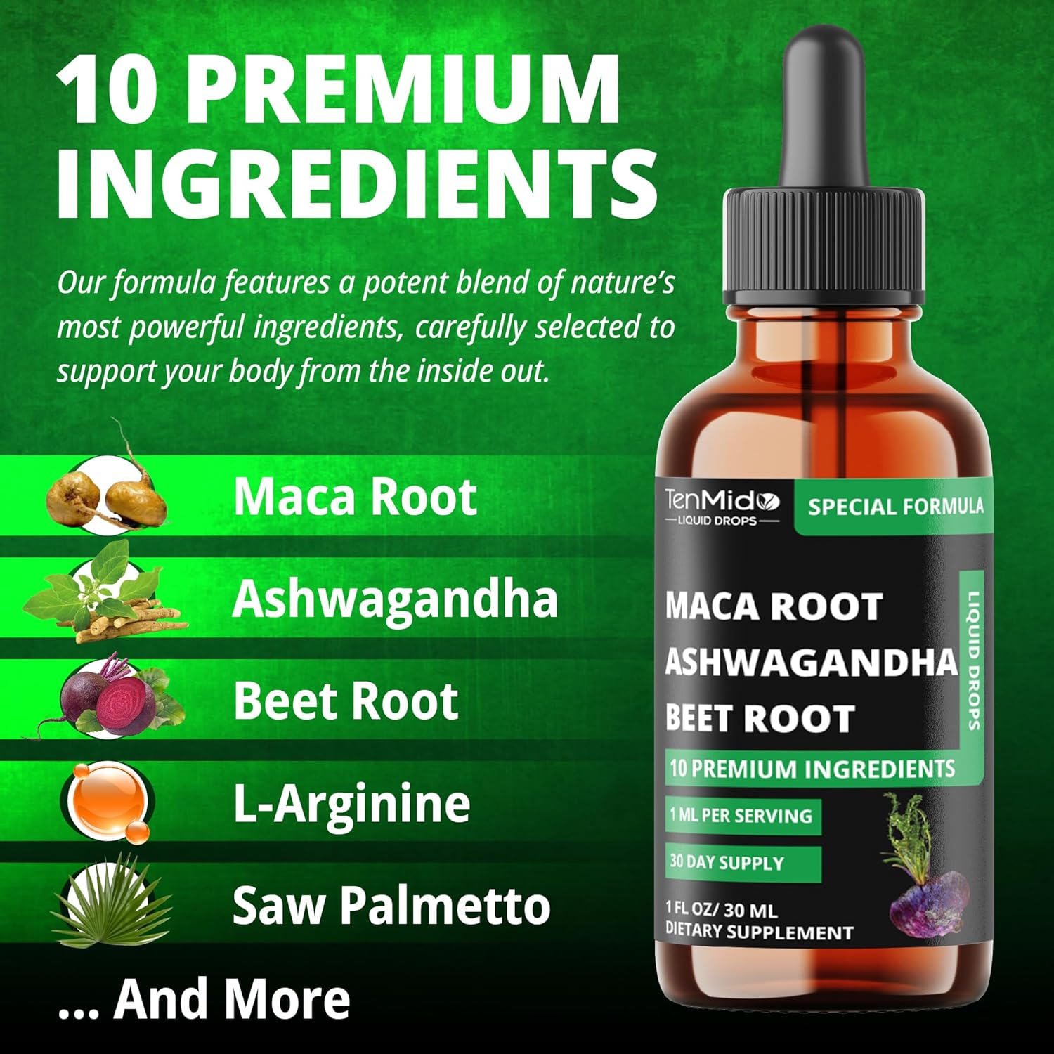 10in1 Maca Liquid Drops with Ashwagandha, Fenugreek, Beet Root, L-Arginine,Turmeric,Ginseng & More - 30 Days Supply - 1FL Oz - Image 3
