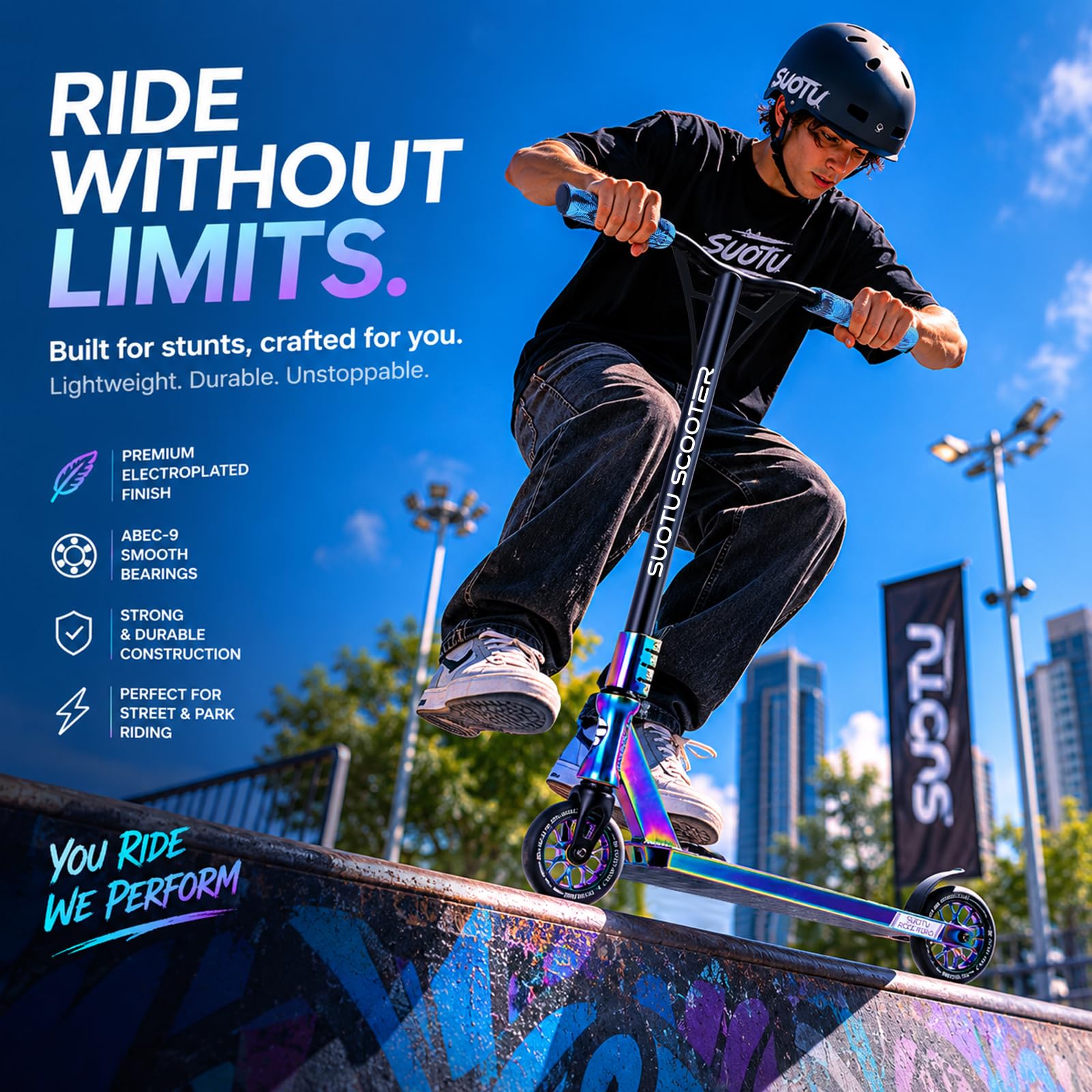 Patinete Freestyle, Dirección de 360°, Ruedas de PU de 85A 110 mm, Scooter Freestyle para Niños Adolescente y Adultos, Capacidad Máxima de Carga: 100 kg, Aluminio (Negro – Arcoíris)