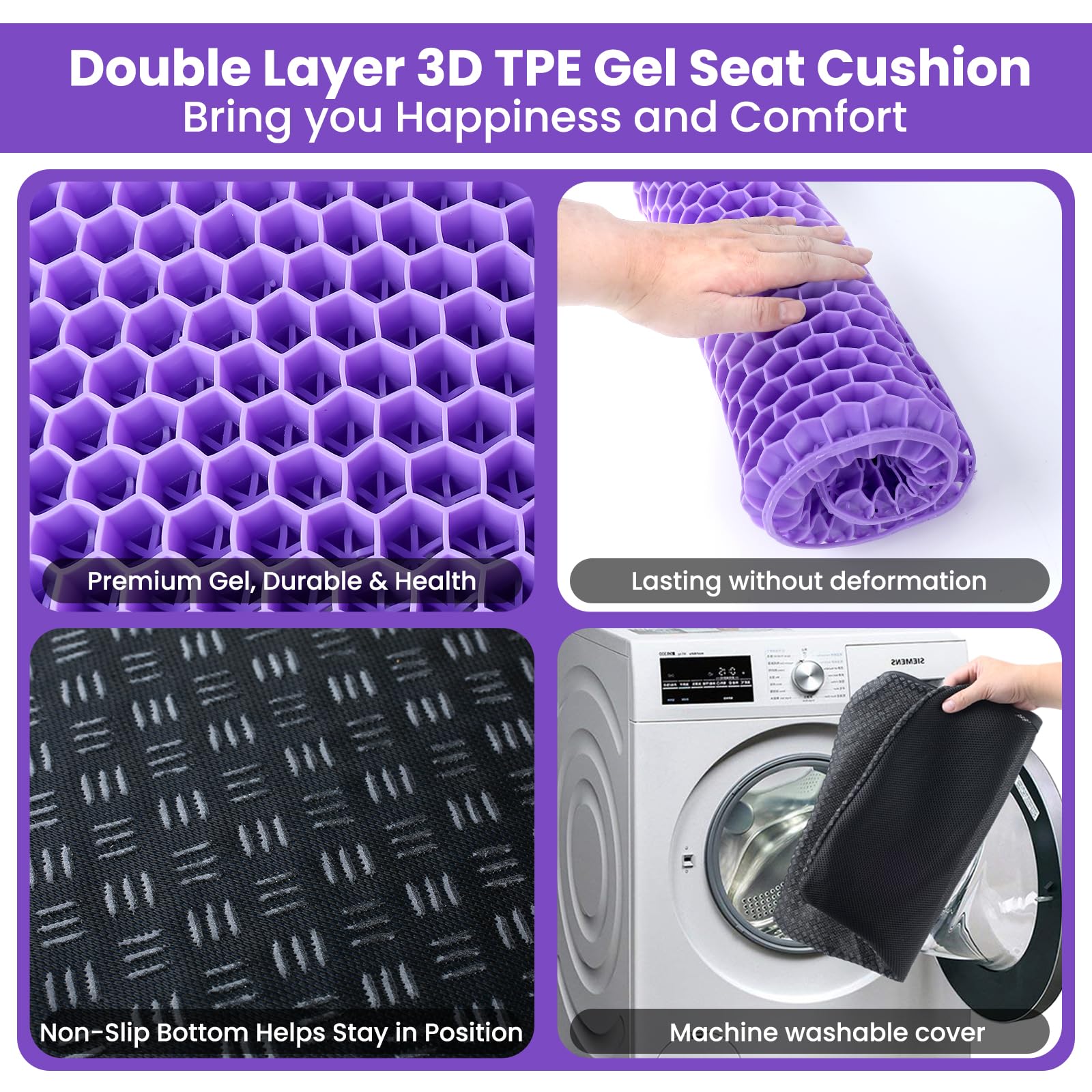 BTDZDD cuscino gel per sedia, Cuscino In Gel, Cuscino per Coccige, Cuscini per Sedie Traspiranti per Auto/Ufficio/Casa/Sedia a Rotelle (Viola, 43 * 39 * 4)