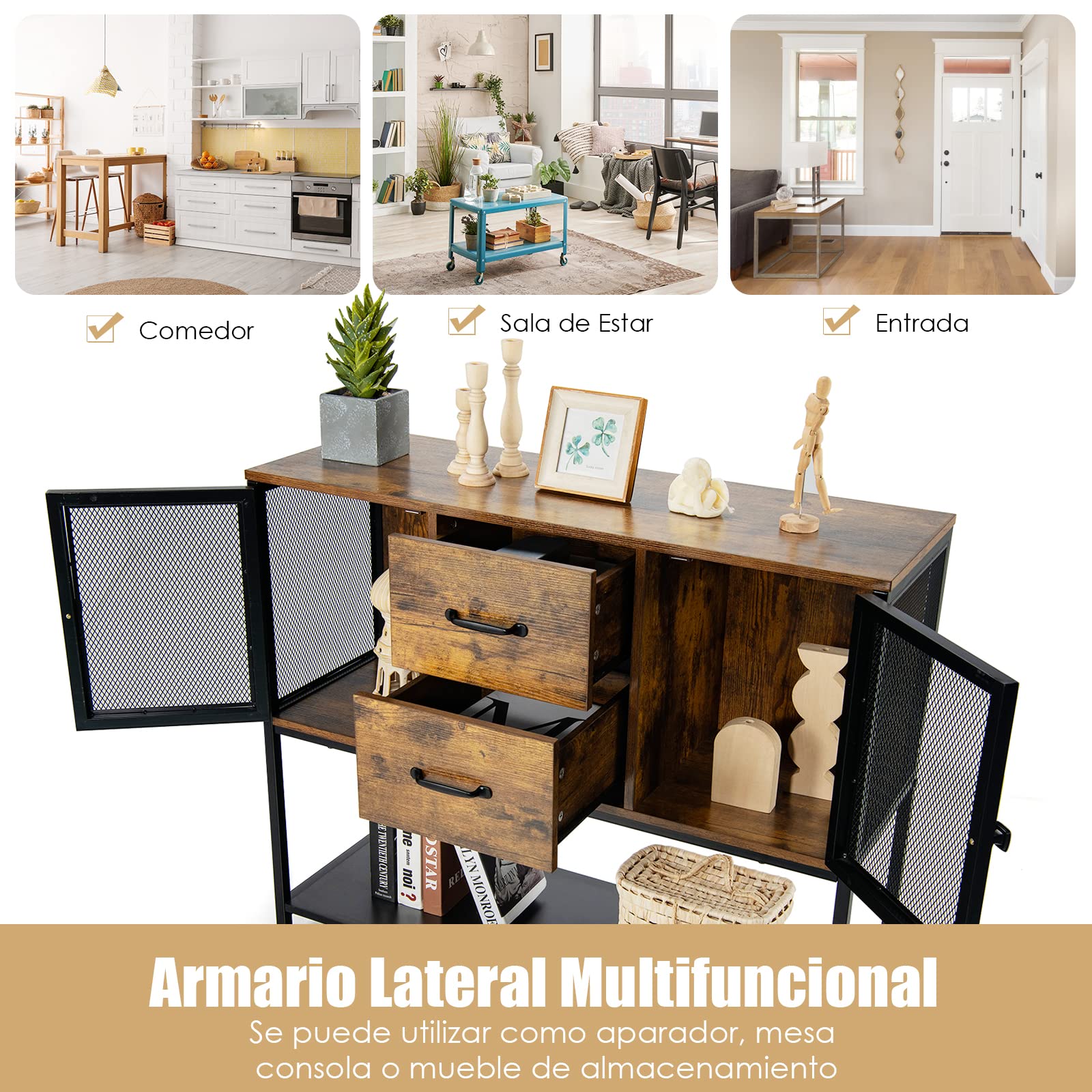 COSTWAY Aparador con 2 Cajones Extraíbles y Repisa Inferior, Mueble Multifuncional para Salón Comedor, Armario de Cocina, Marrón Rústico 100 x 35 x 85 cm