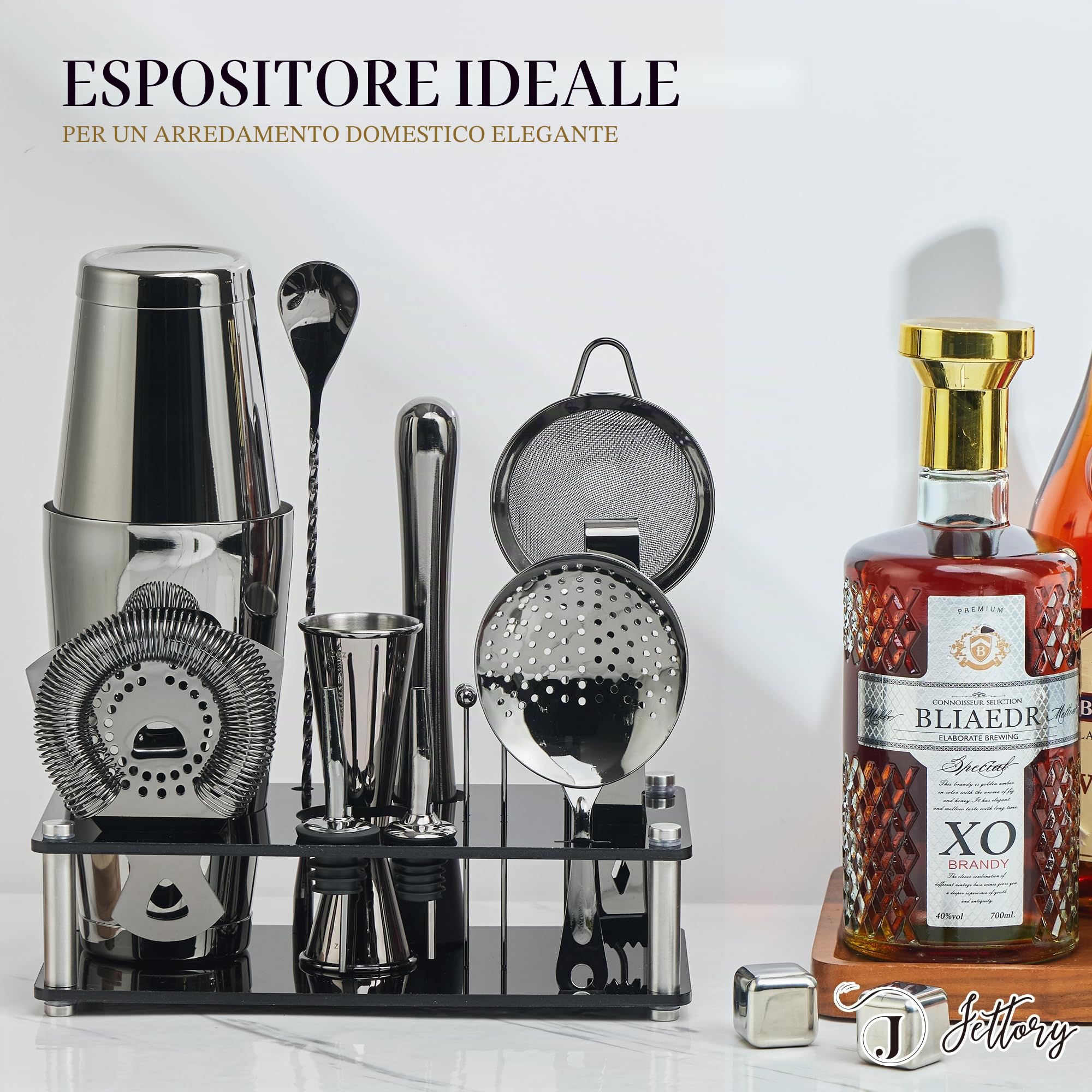 Boston Shaker Set – Set da Cocktail da 16 Pezzi in Acciaio Inossidabile 304 con Base in Acrilico, Colino, Pinza Ghiaccio, Cucchiaio da Bar, Misurino, Pestello, Versatori e Cocktail Picks