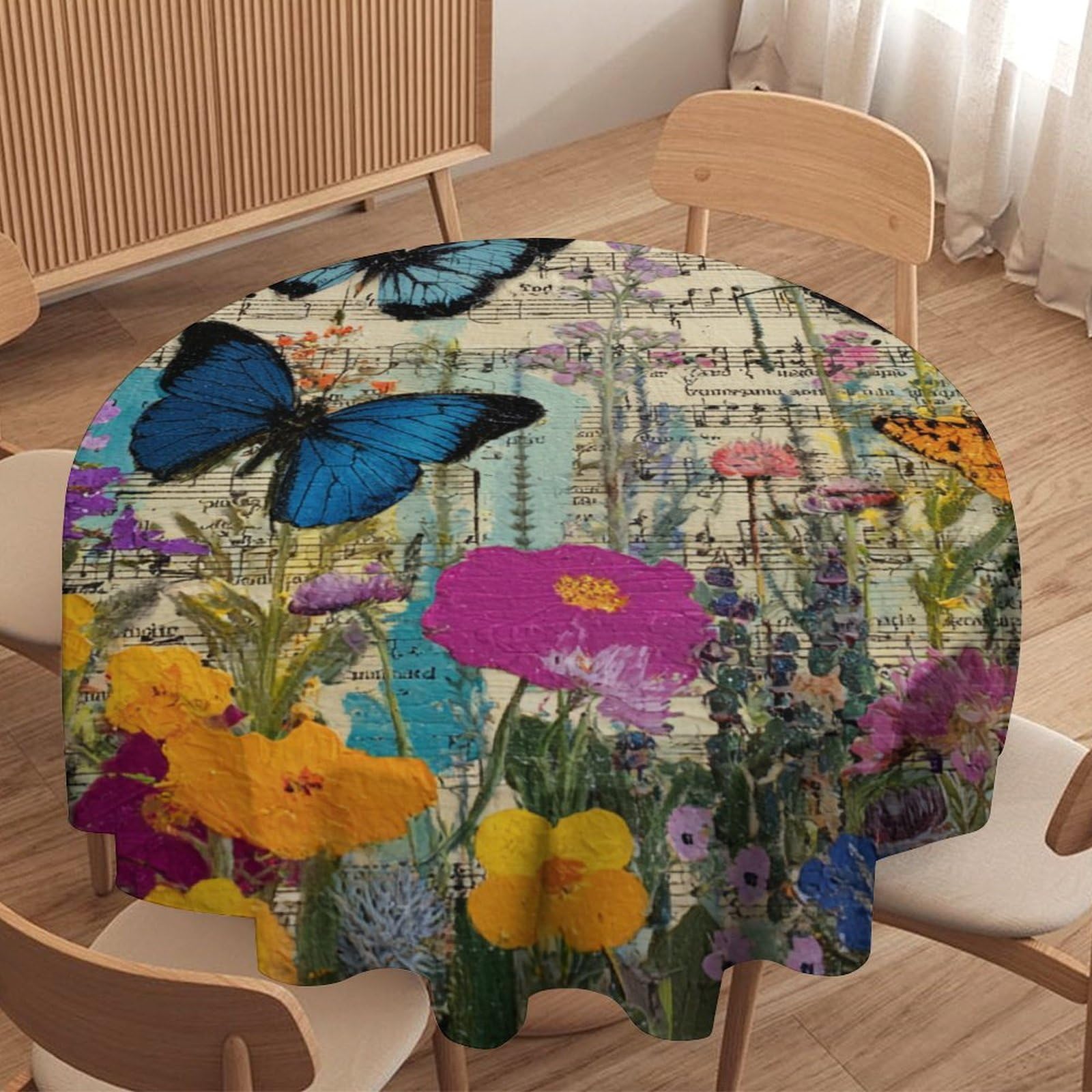 LUYYSKY Colorful Classic Floral Butterfly Waterproof Round Tablecloth Retro Watercolor Flowers Animals Butterflies Music Notes Pattern Washable Table Cover for Kitchen-91.4" Wx91.4 L cm