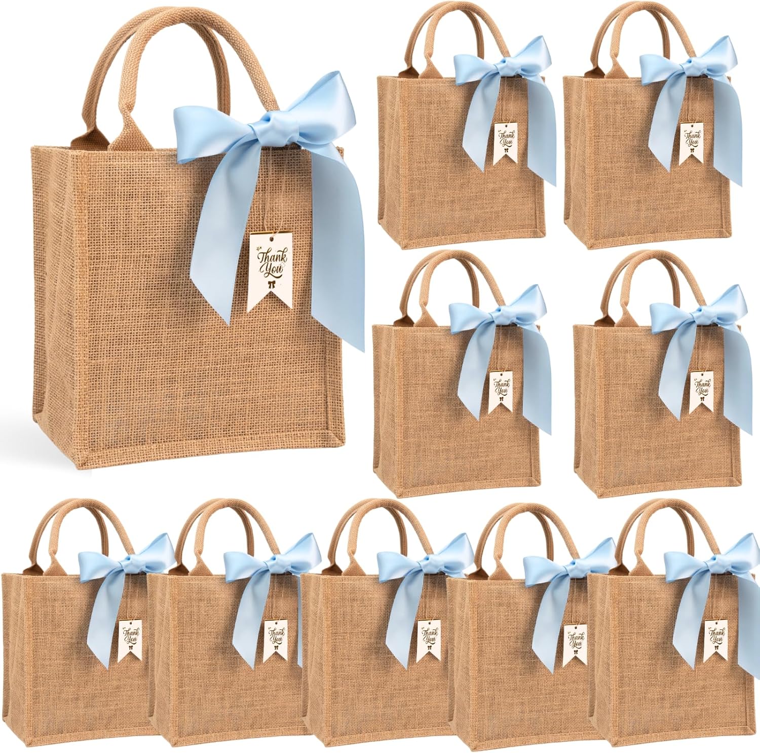 10 Pack Small Burlap Gift Bags with Blue Ribbons for Bachelorette, Bridesmaid, Wedding Welcome Reusable Jute Tote