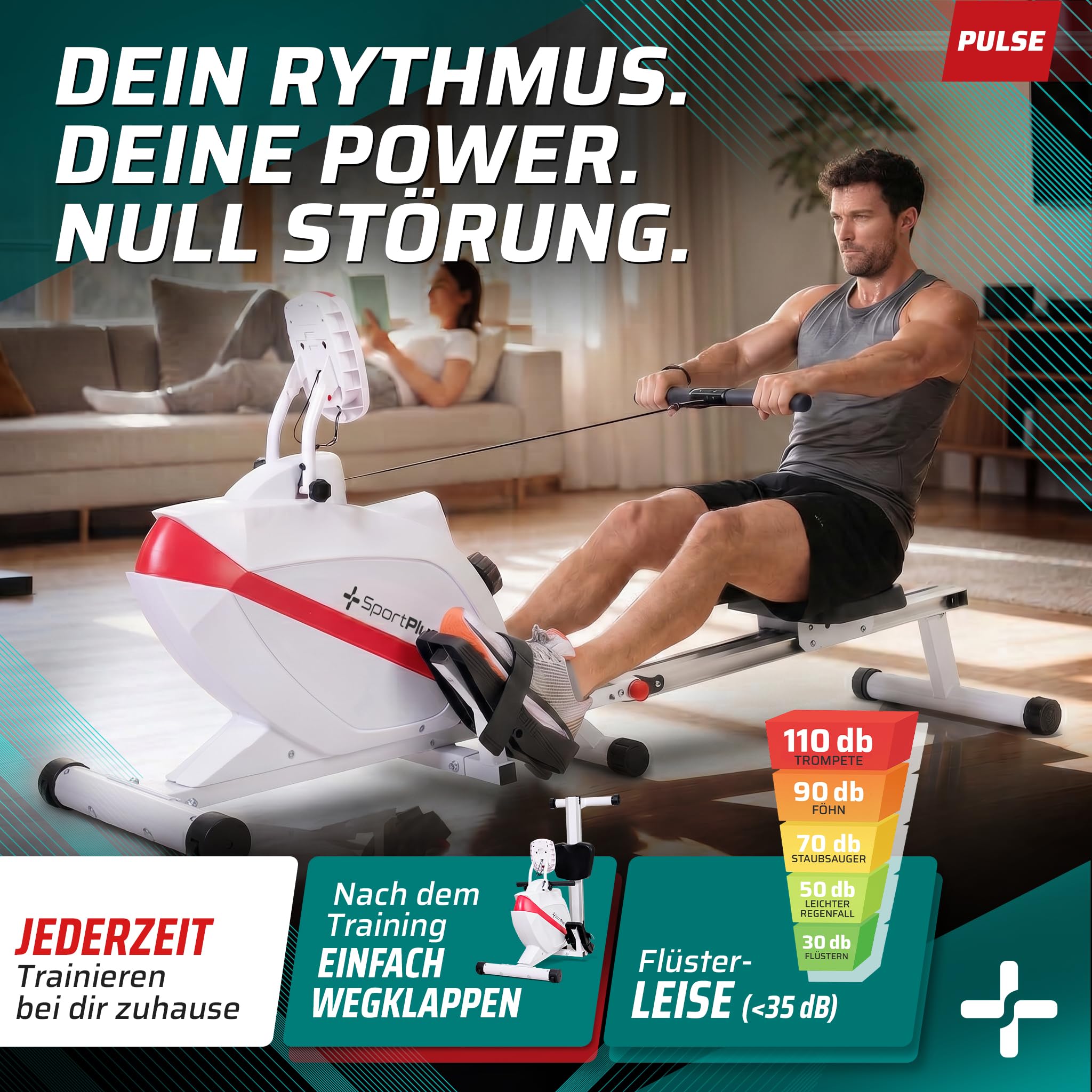 SportPlus Rudergerät für zuhause klappbar - Designed IN Germany - Für Einsteiger & Fortgeschrittene - Rudermaschine Magnetwiederstand Extra Leise, klappbar & platzsparend bis 150kg
