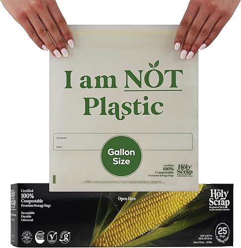 Miniatura 7 de HOLY SCRAP! Bolsas de almacenamiento de alimentos 100% compostables, tamaño de un cuarto de galón, paquete de 80 unidades, bolsas resellables con