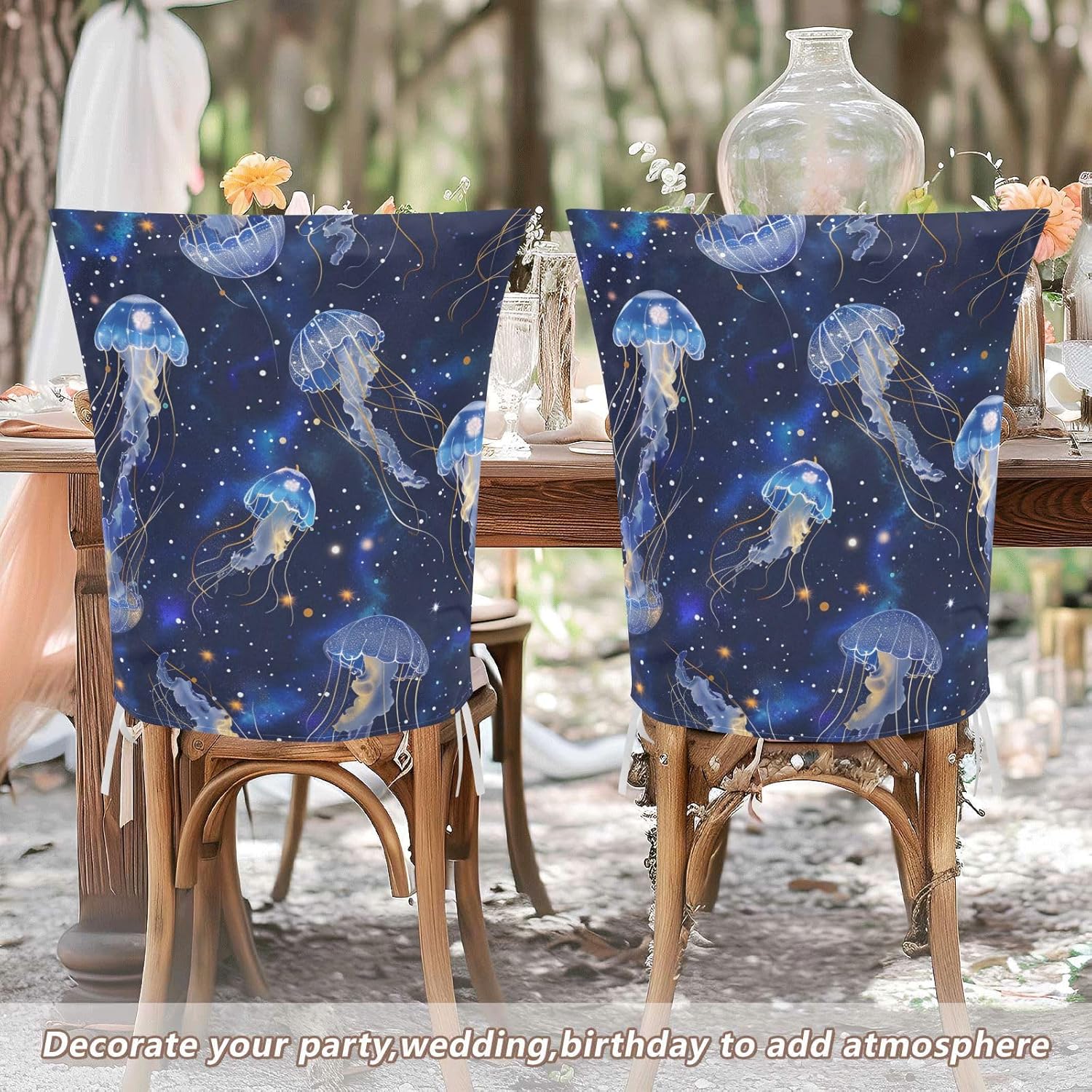 ALAZA Cute Starry Jellyfish Stars Chair Back Cover Set of 6, Washable Reusable Removable Chair Slipcovers Decorative Chair Cover for Home Kitchen Wedding Party