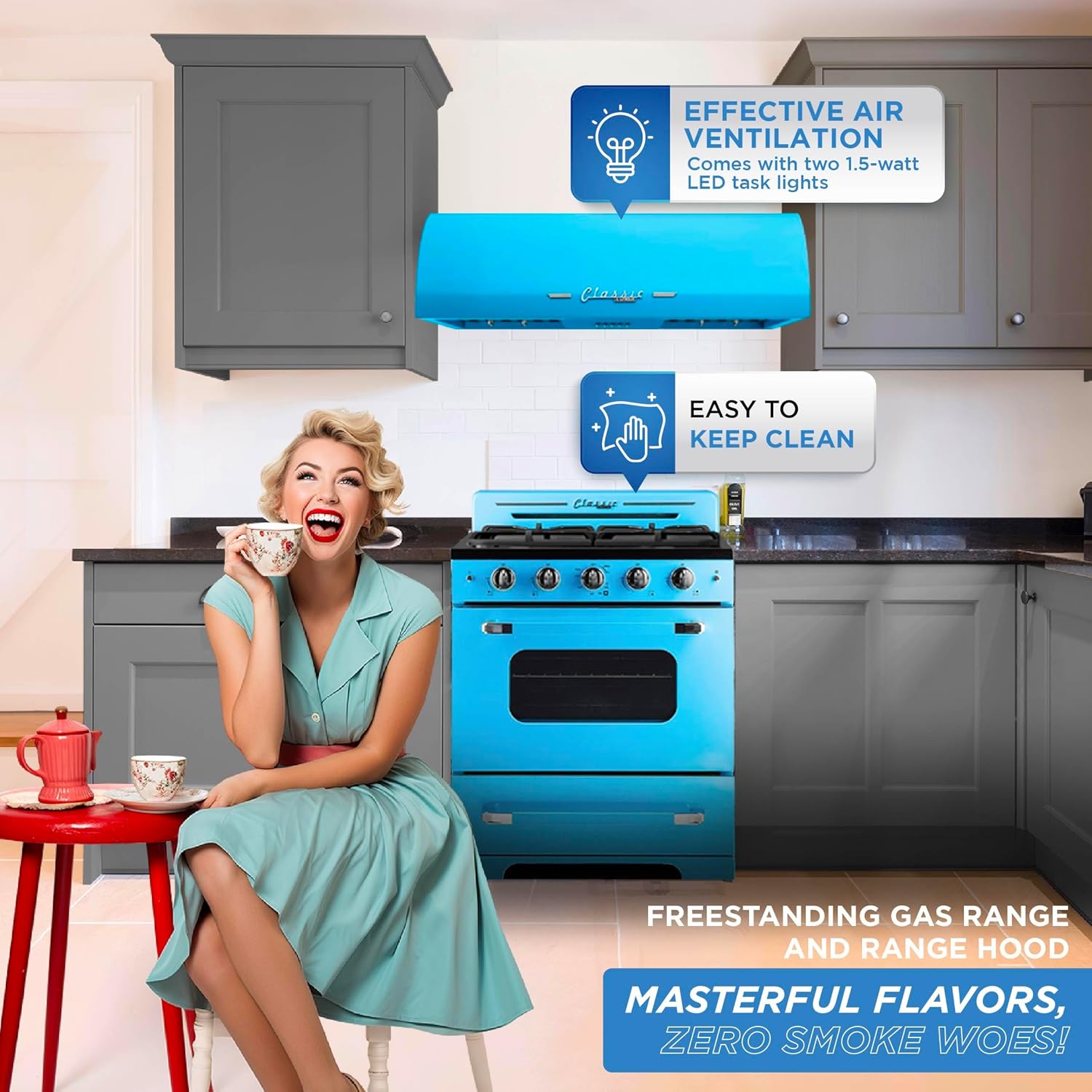 Unique Appliances UGP-30CRP-RB Classic Retro 2-Piece Freestanding Gas 3 Fan Speed-Electric Hood, Range with Convection Oven and 4 Burners, 30", Ocean Mist Turquoise