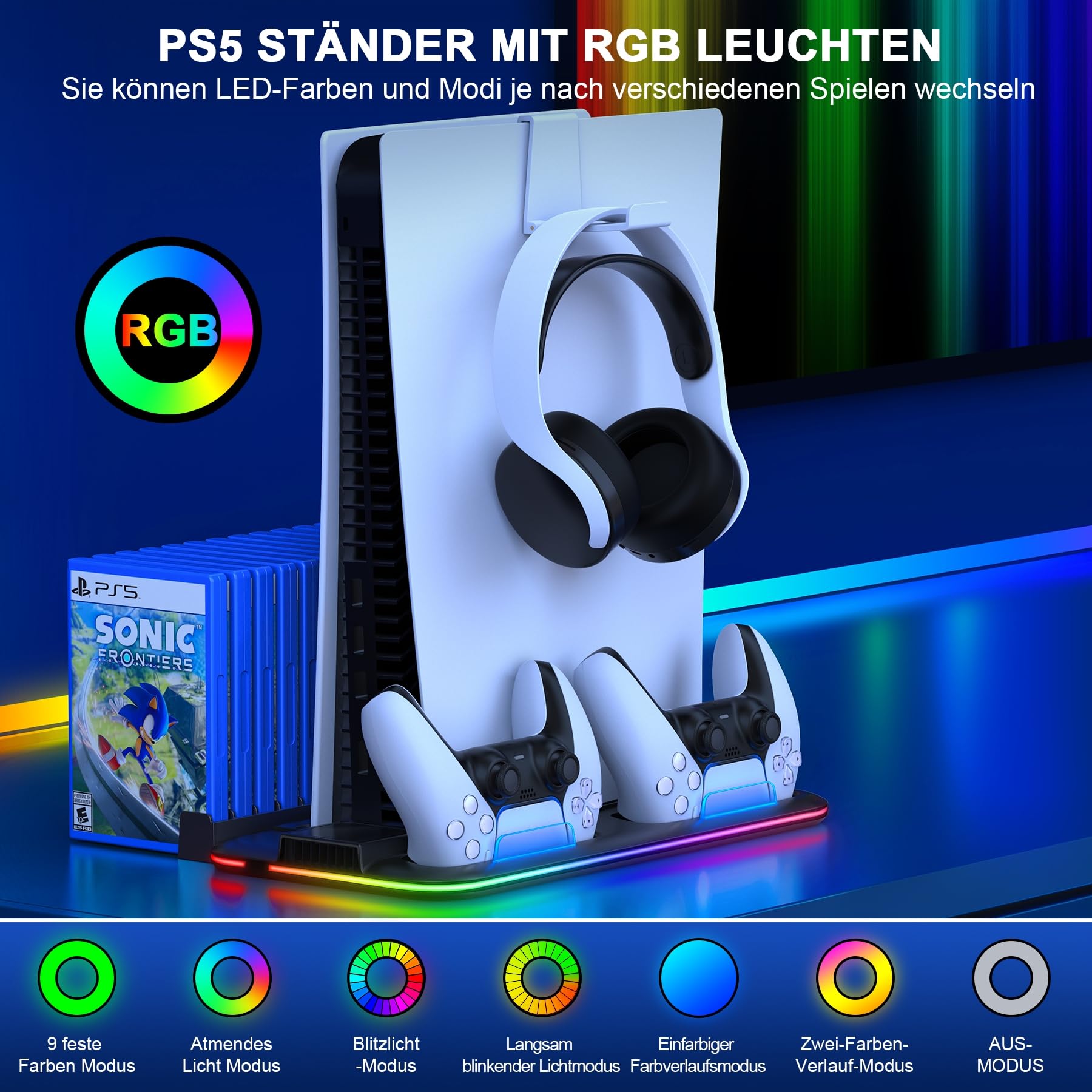 ALEEMTRY Accessoire PS5 Slim Nouveau, Support avec Ventilateur à 3 Vitesses/Lumière RVB/Stockage de 15 Jeux pour PS5 Slim Disc et Console Numérique (Noir)