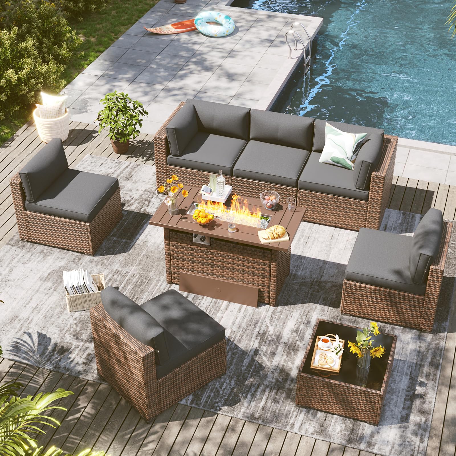 LazySunsets 8 Piece Outdoor Patio Furniture Set with 44'' Fire Pit Table, Outdoor Patio Furniture Set with 4'' Thicken Cushion, Wicker Rattan Outdoor