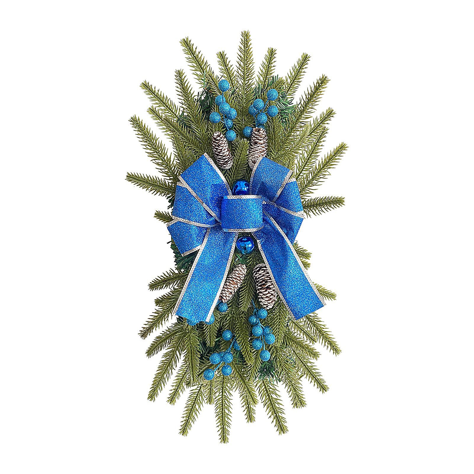 MINGZHE Artificial Christmas Teardrop Swags,Christmas Staircase Garland Simulation Staircase Decoration Hanging Pendant Stair Swags Christmas Swag Wreath 15x25 cm (Blue Bow)