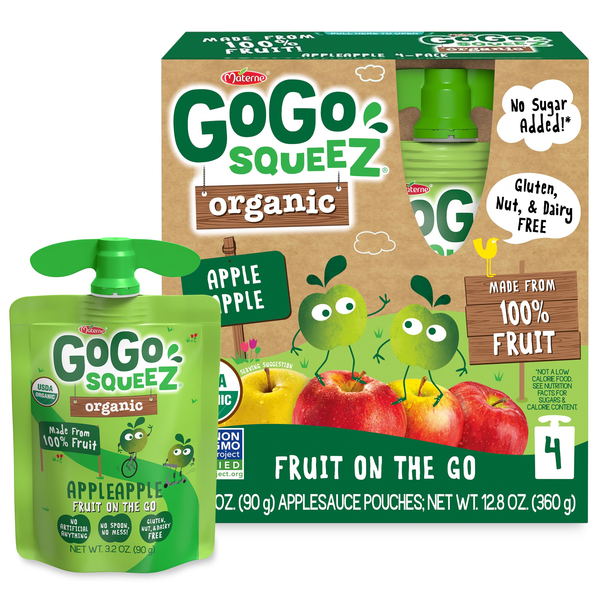 GoGo squeeZ Organic Applesauce and Fruit Puree, Apple Apple, 3.2 oz (Pack of 4), Unsweetened Organic Fruit Snacks for Kids, Gluten Free, Nut Free and Dairy Free, Recloseable Cap, BPA Free PouchesUSDA Organic