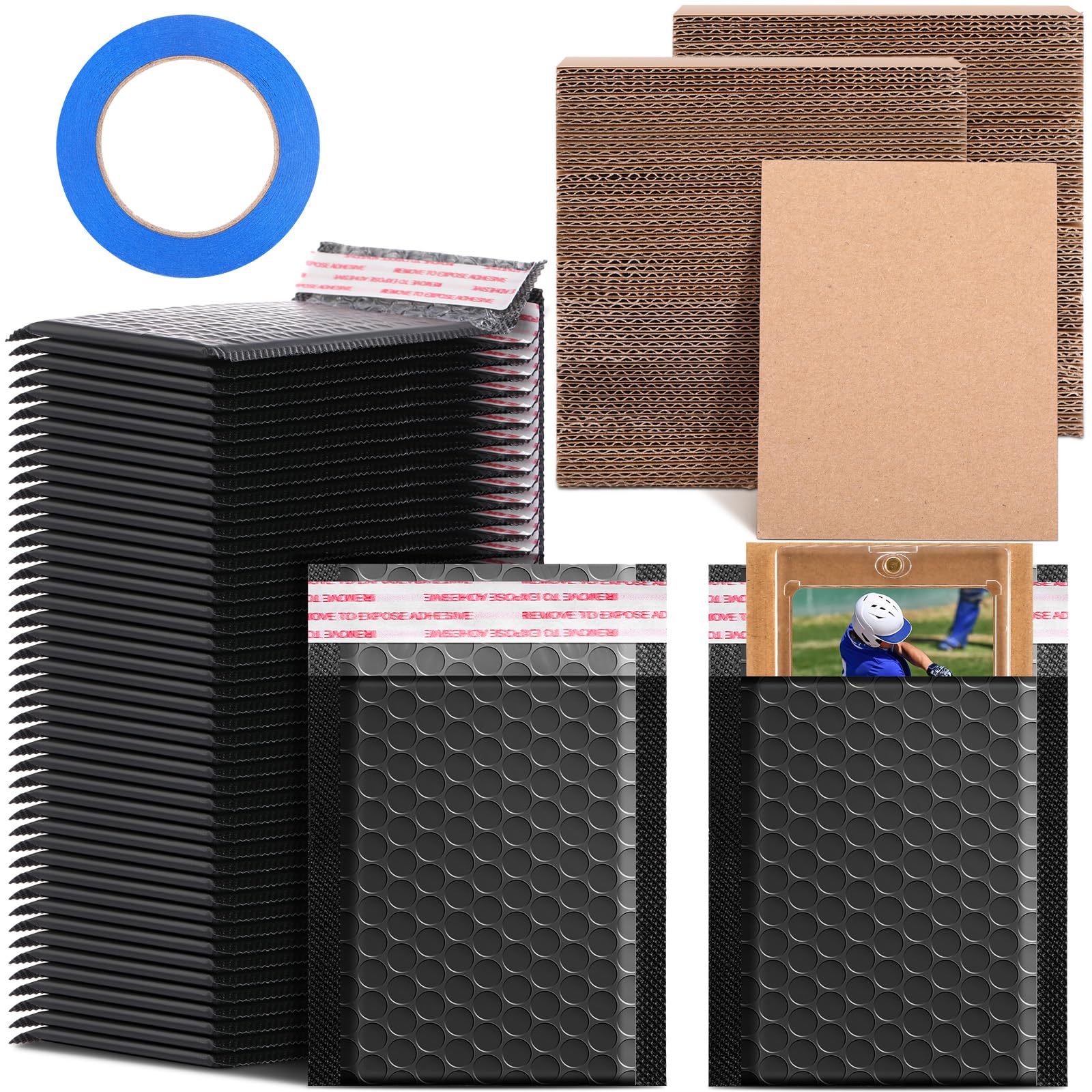 Tatuo 301 Pcs Trading Card Shipping Protector Set Include 200 Corrugated Cardboard Sheets Inserts 100 Poly Bubble Mailers Padded Envelopes and Masking Tape(Black)