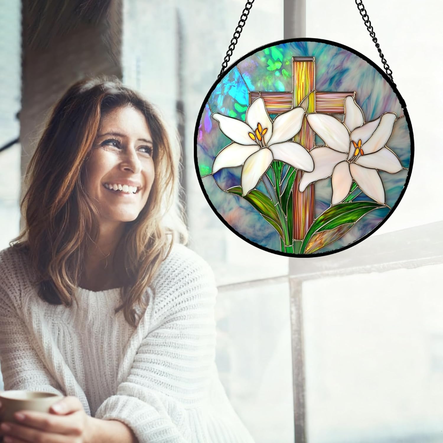 Christian Gifts for Women - Cross Stained Glass Window Hanging Easter White Lily Flower Sun Catcher Garden Religion Decor Mother's Day Catholic Faith Gift for Grandma Mom Nana Her 15"