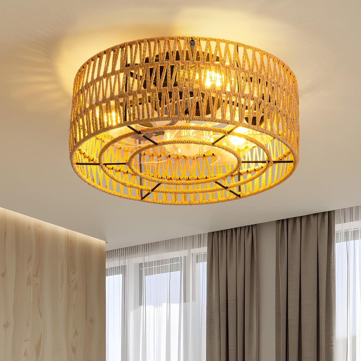 PUSU Boho cage Style Ceiling Fan with 15.8" Retro Rattan lampshade Embedded Ceiling Fan with Light and Remote Control for 6-Speed Enclosed Ceiling Fans in bedrooms, Living Rooms, and Kitchens