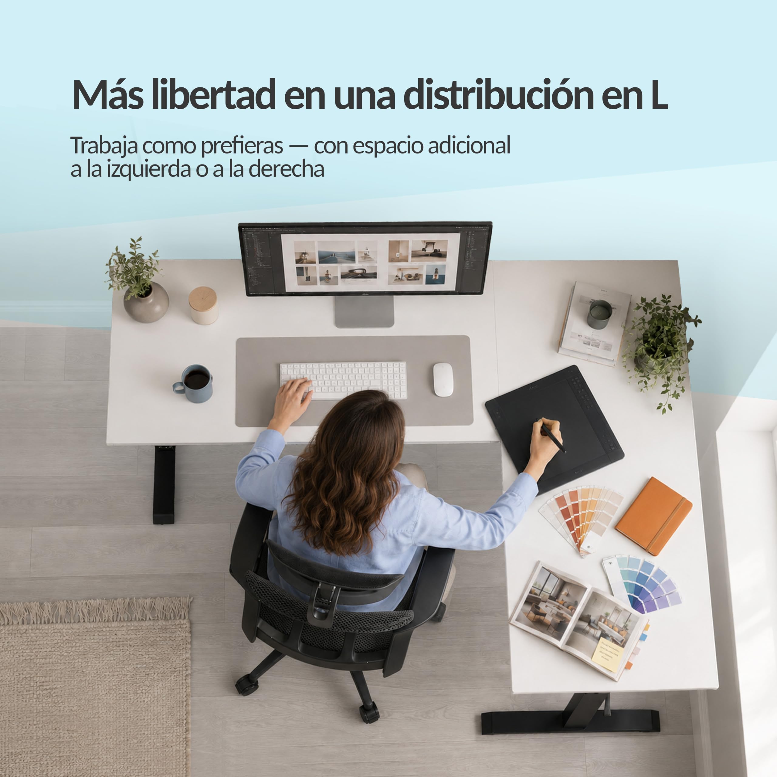 POKAR Estructura para Escritorio Elevable en L Eléctrica | Ángulo Regulable de 0 a 90°, Altura 70 a 118 cm | Panel de Memoria con USB-C y USB-A | Base para Mesa Elevable Sentado y de Pie | Blanco