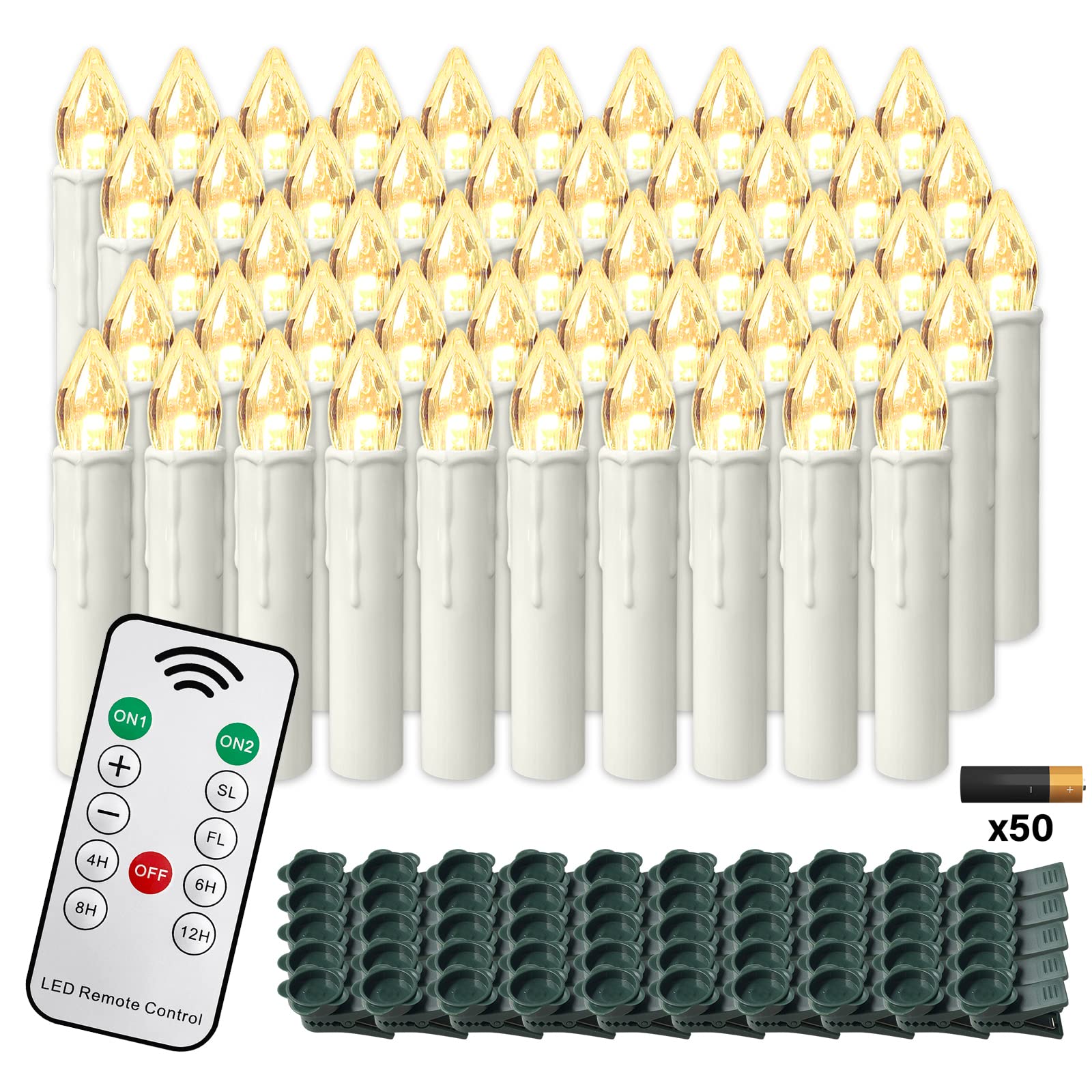 NAIZY LED Kerzen 50er Weihnachtskerzen Kabellos Warmweiß Weihnachtscandle mit timerfunktioner Fernbedienung Weinachten Kerzen IP44 LED Candle mit Clip, für Feste Deko Hochzeit Party, mit Batterie