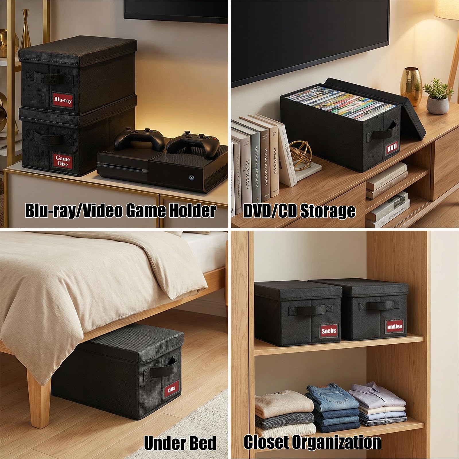Lot de 4 boîtes de rangement pour DVD avec couvercle, empilables en tissu pouvant contenir jusqu'à 104 DVD (26 chacun), également idéales pour ranger des Blu-ray, des boîtiers de jeux vidéo
