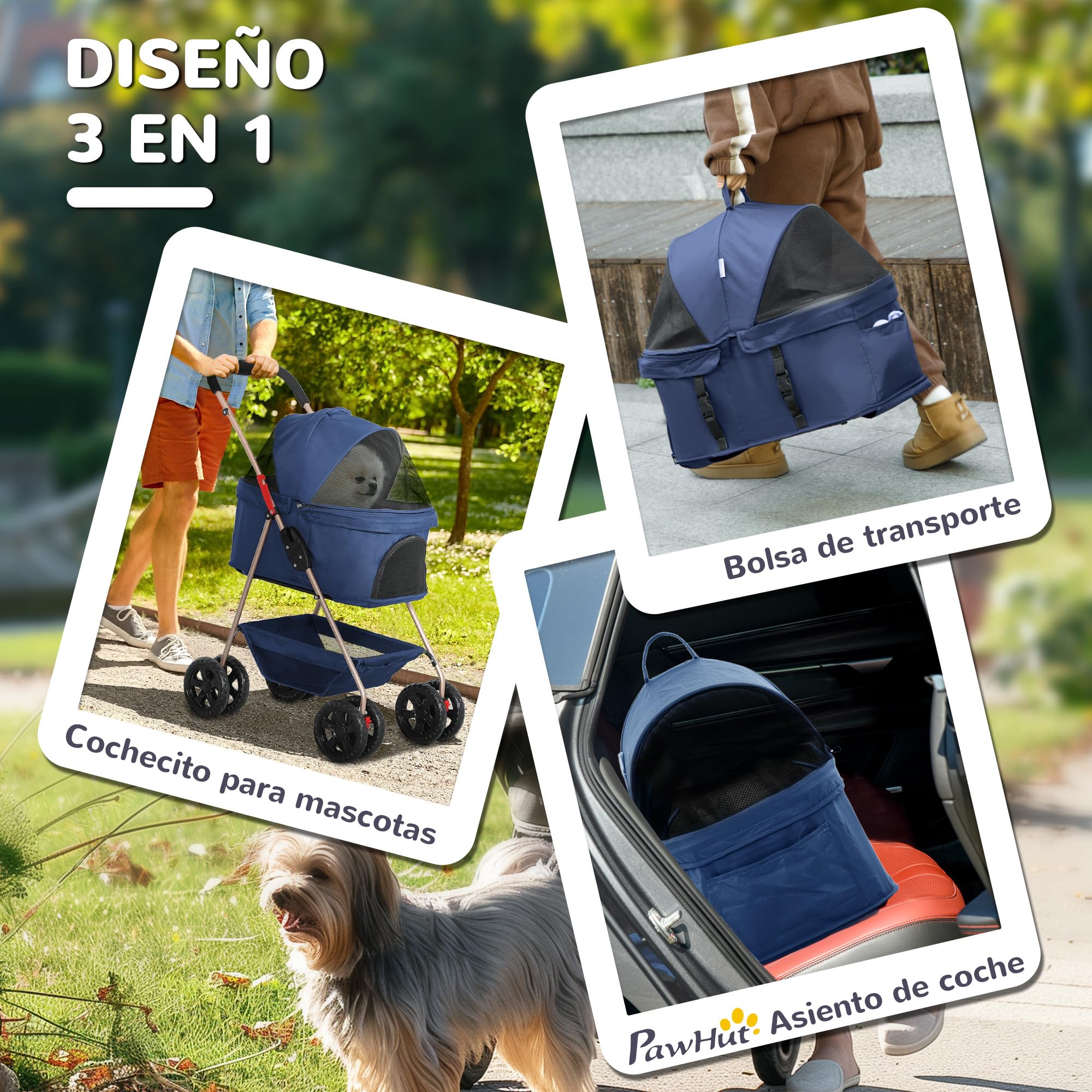 PawHut Carrito para Perros Plegable 3 en 1 Cochecito para Mascotas Carrito para Perros Miniatura con Cesta de Almacenaje Ventana de Malla Portavasos y 2 Ruedas Universales 76x50x102 cm Azul Oscuro