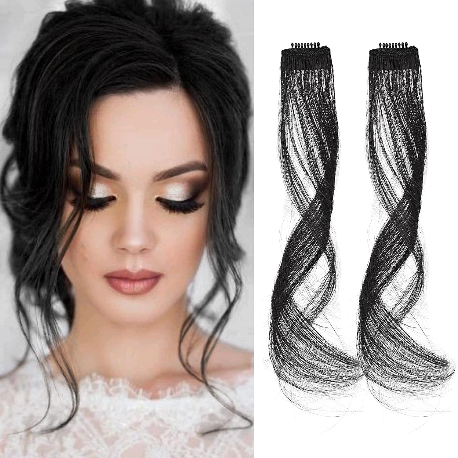 AL ZAHRA Long Side Air Bangs, Wavy Curly Clip in Bangs Front Side Bangs for Women Daily Use 2 PCS Set Long Temples (Natural Black)
