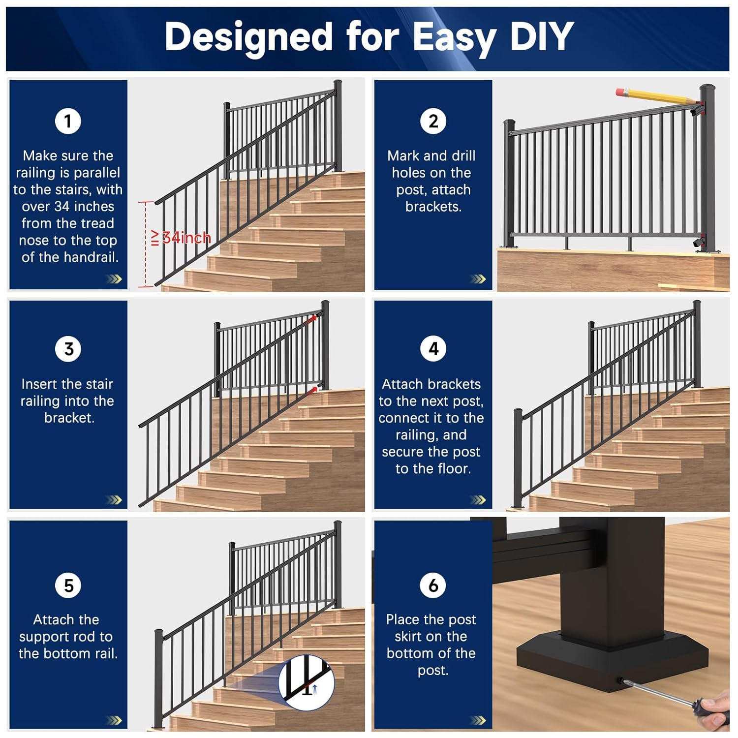 42 in. H x 4 ft. W Porch and Deck Railing Kit, Aluminum Stair Railing Kit, Black Textured Powder-Coat Finish Rail System for Concrete Steps or Wooden Stairs (1 Post, 1 Panel)