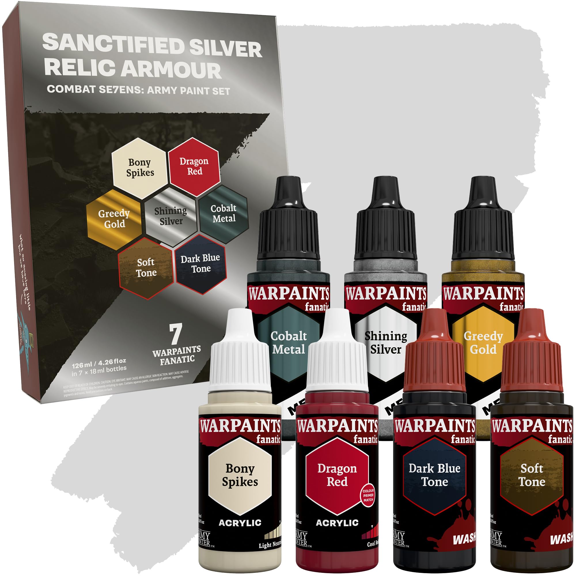 The Army Painter, Combat Se7ens: Sanctified Silver Relic Armour, 7 x 18 ml Warpaints Fanatic: 2 Acrylic, 2 Washes, 3 Metallics, Perfect for Miniature Quality Hobby Paints for DnD & Warhammer Figures