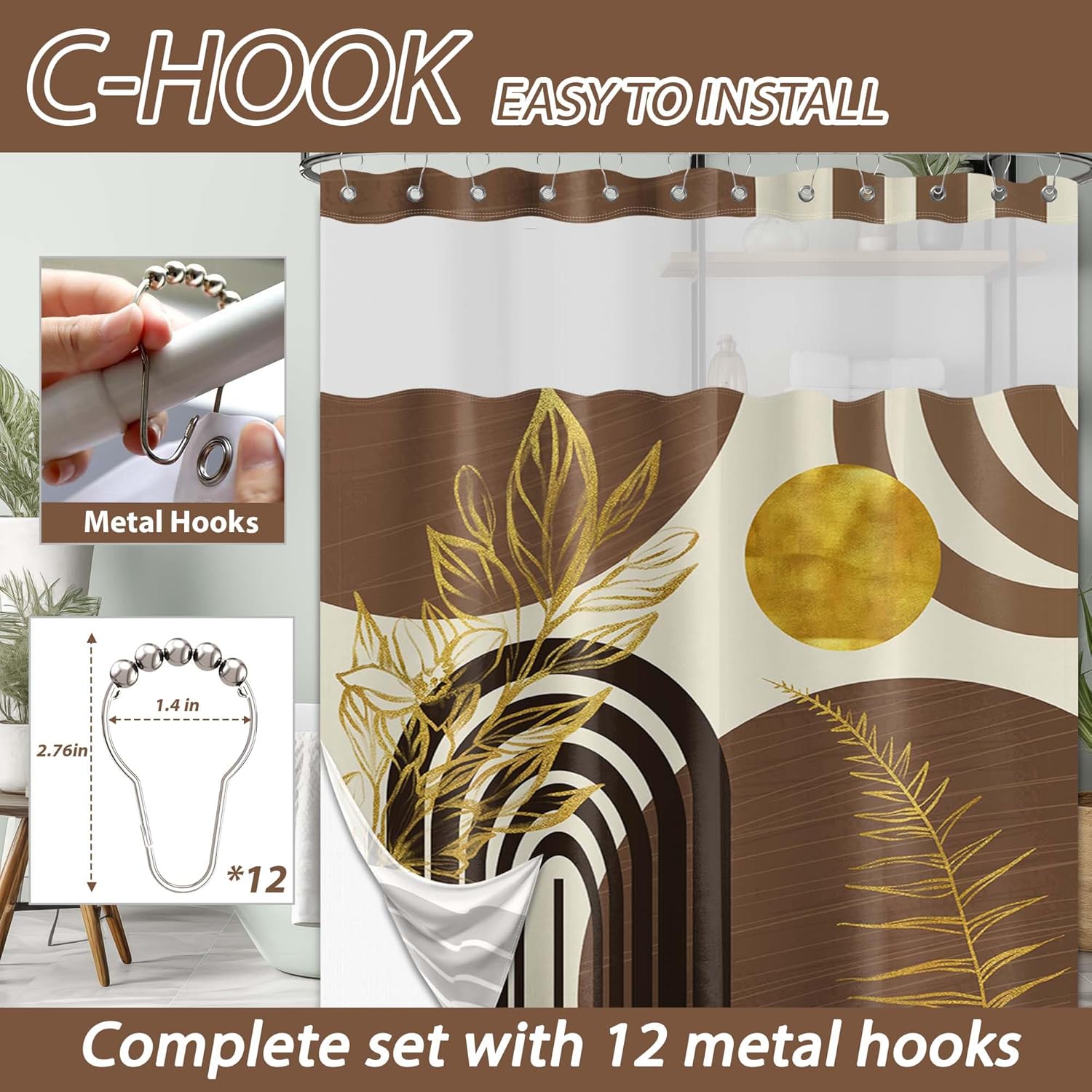 Black and Brown Bohemian See Through Mesh Top Shower Curtain with Window, Dark Tan Mens Double Layer Shower Curtains with Snap in Liner with Magnets, Waterproof Fabric with Hooks, 71x72 in