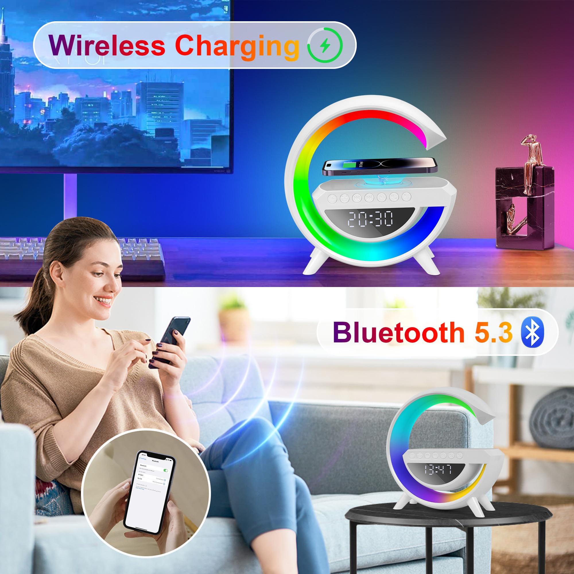 Bezprzewodowa lampa ładująca, wielofunkcyjna lampka nocna RGB, bezprzewodowa stacja ładująca, głośnik Bluetooth, cyfrowy budzik do sypialni/kempingu / salonu