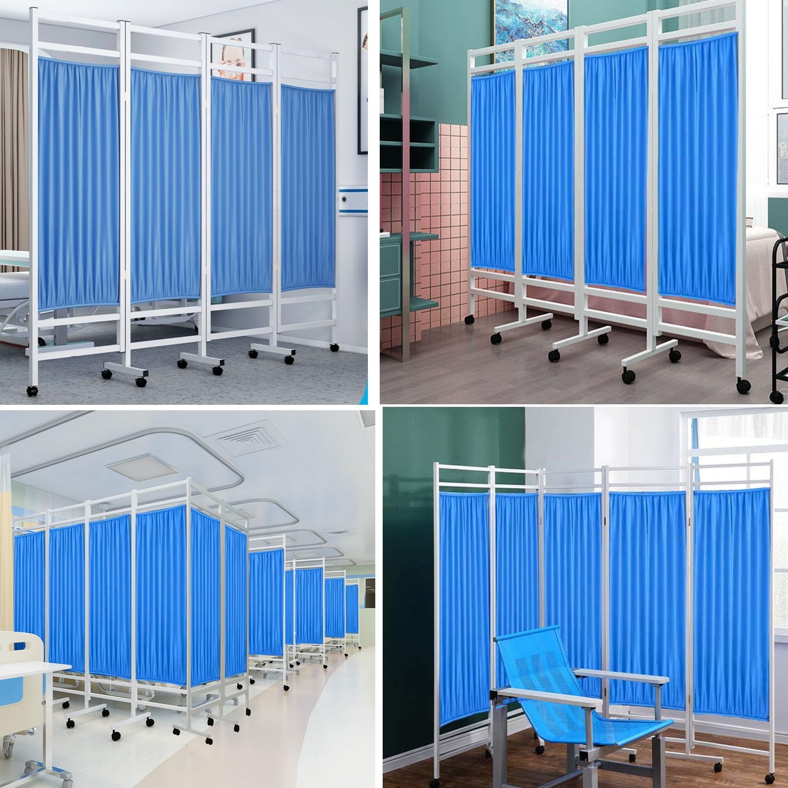 Biombo médico Plegable de 180 cm, Separador de Hierro para Salones y centros de Salud, Divisor de Nailon Azul Que Ahorra Espacio, 4 Paneles (200 cm)