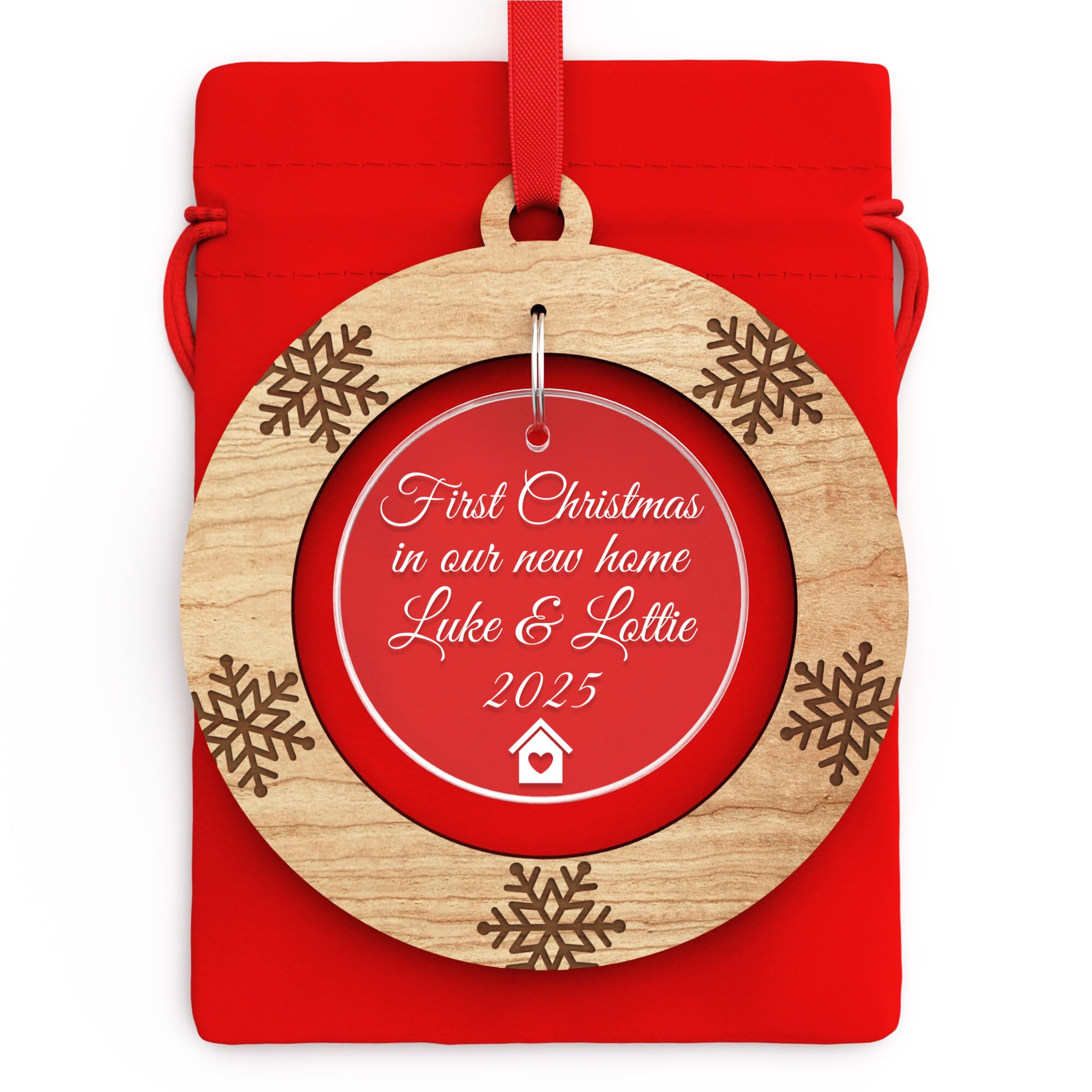 PERSONALISED 1st Christmas in our NEW HOME Present Tree Decoration Bauble Couples Gifts Ornament - Cherry Veneer and Acrylic Engraved Christmas Tree Ornament - Keepsake Presents