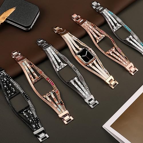 Miniatura 3 de TOYOUTHS Compatible con Apple Watch Band - Pulsera bohemia de cuero con cuentas multihebra para iWatch Ultra 12 (1.732 pulgadas), Series 987 (1.614