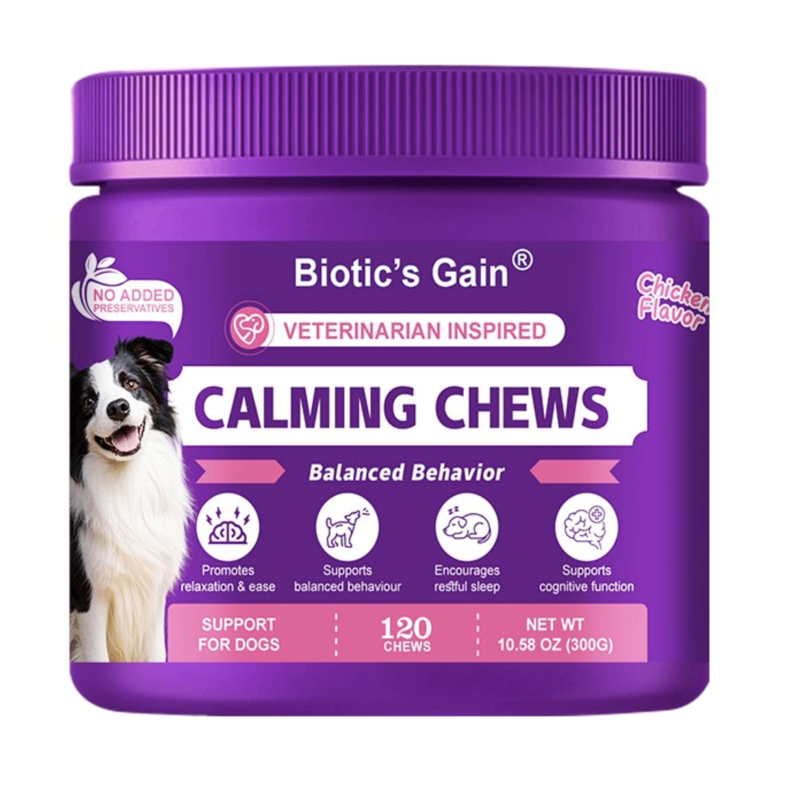 Biotic's Gain Dog Multivitamins, 25 in 1 Complete Care, 120 Soft Chews, Chicken Flavour (120, Calming Chews) โ image 1