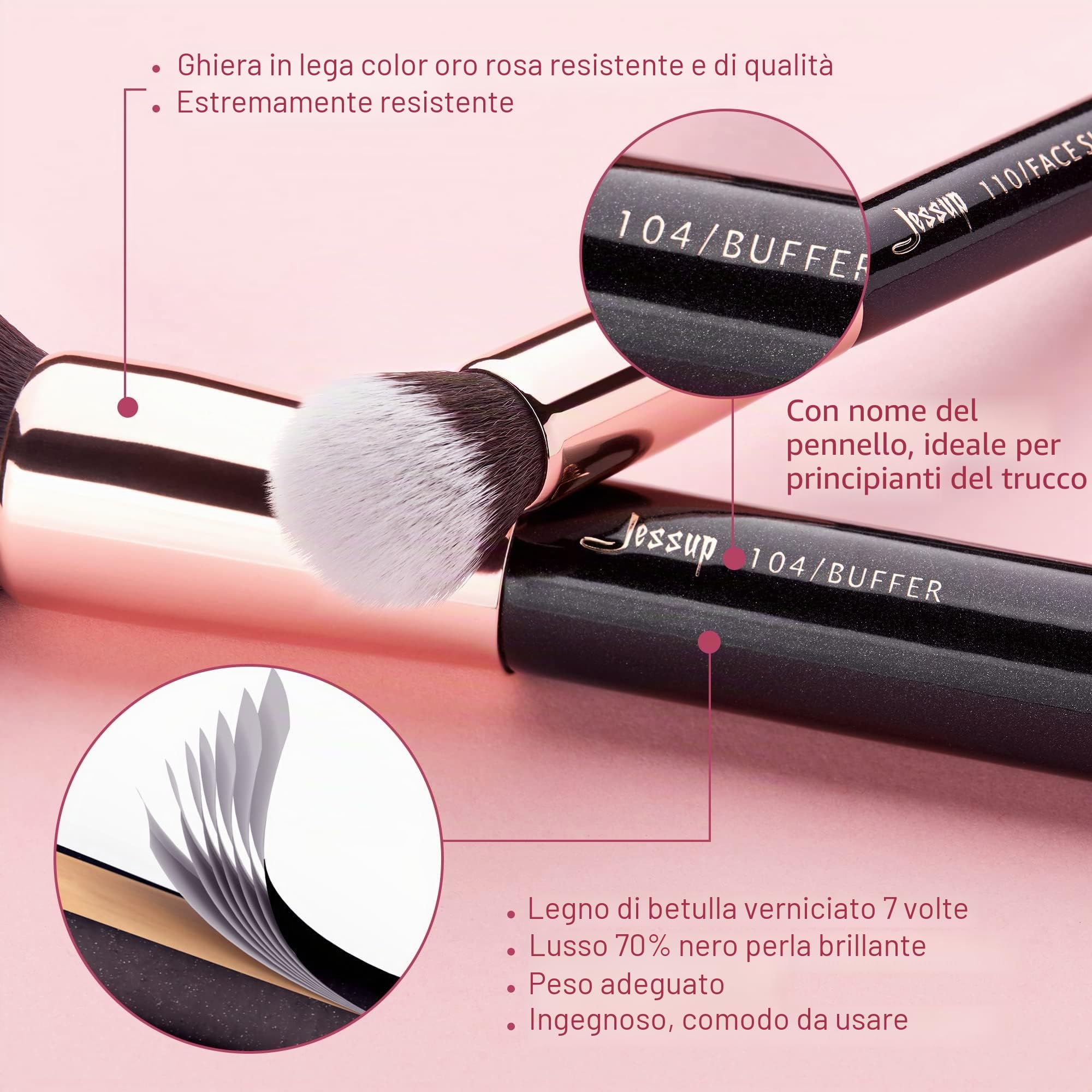 Jessup 10pz Pennelli per il trucco Fondotinta Polvere Bellezza Eyeliner Correttore Setole in fibra fatta a mano Kit per il trucco Nero/Oro rosa T156