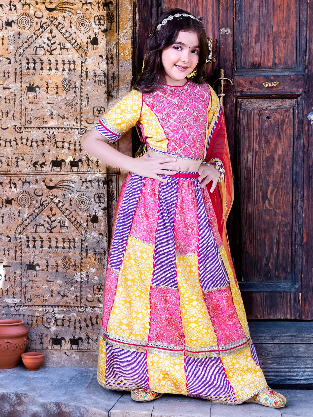 Naughty Ninos Lehenga & Dupatta z nadrukiem gotowa do noszenia bluzka dla dziewczynek w wieku 3-15 lat