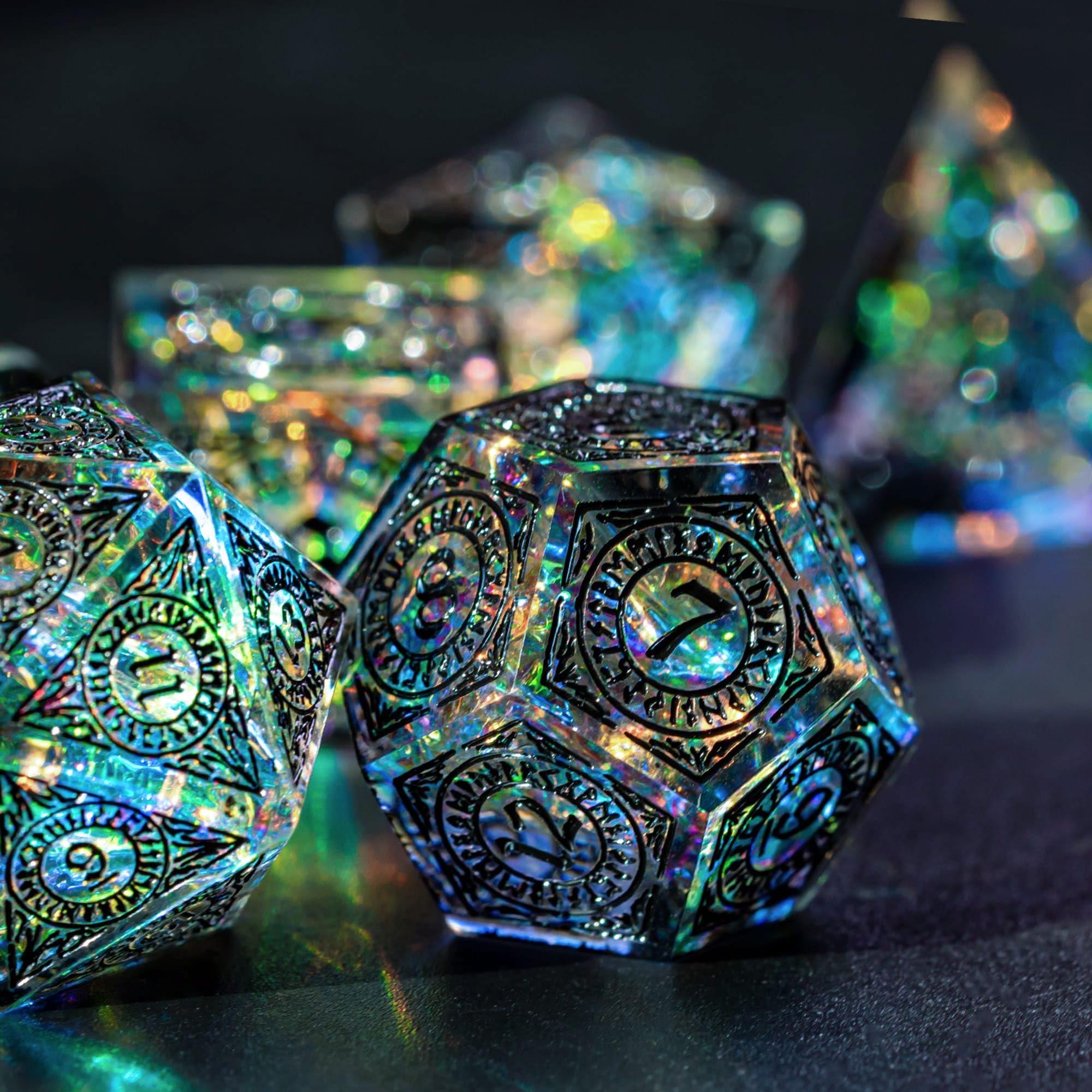 Premium Würfelset (W20 bis W4) - handgefertigte DND-Würfel, polyedrische RPG-Würfel für Dungeons and Dragons (D&D), Pathfinder, Cthulhu, DSA - 7-teiliges Set mit scharfen Kanten & Glitzer-Effekt