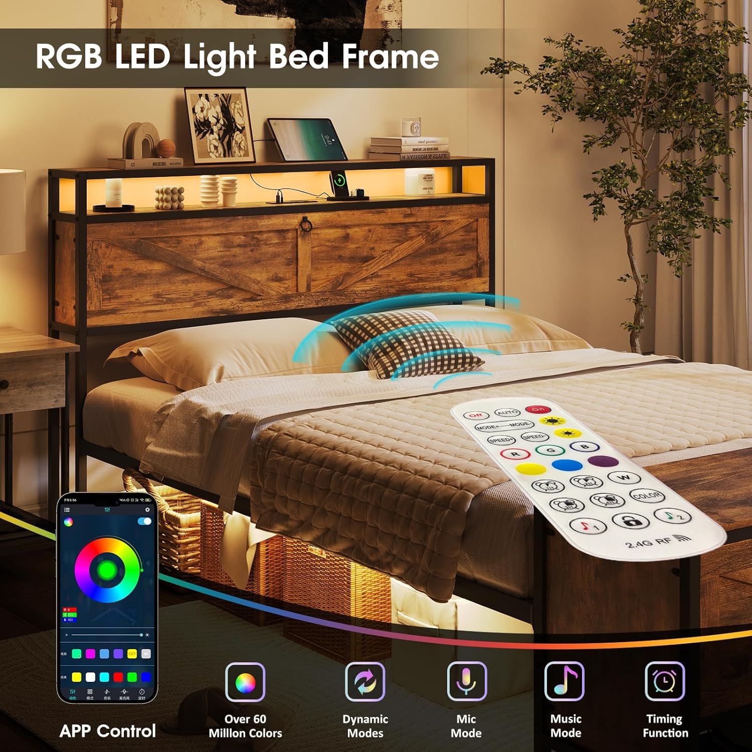 Fameill Full Size Bed Frame with Storage Ottoman and 2 Drawers, Farmhouse Metal Platform Bed with Headboard, LED Lights and Charging Station, No Box Spring Needed, Noise Free, Brown