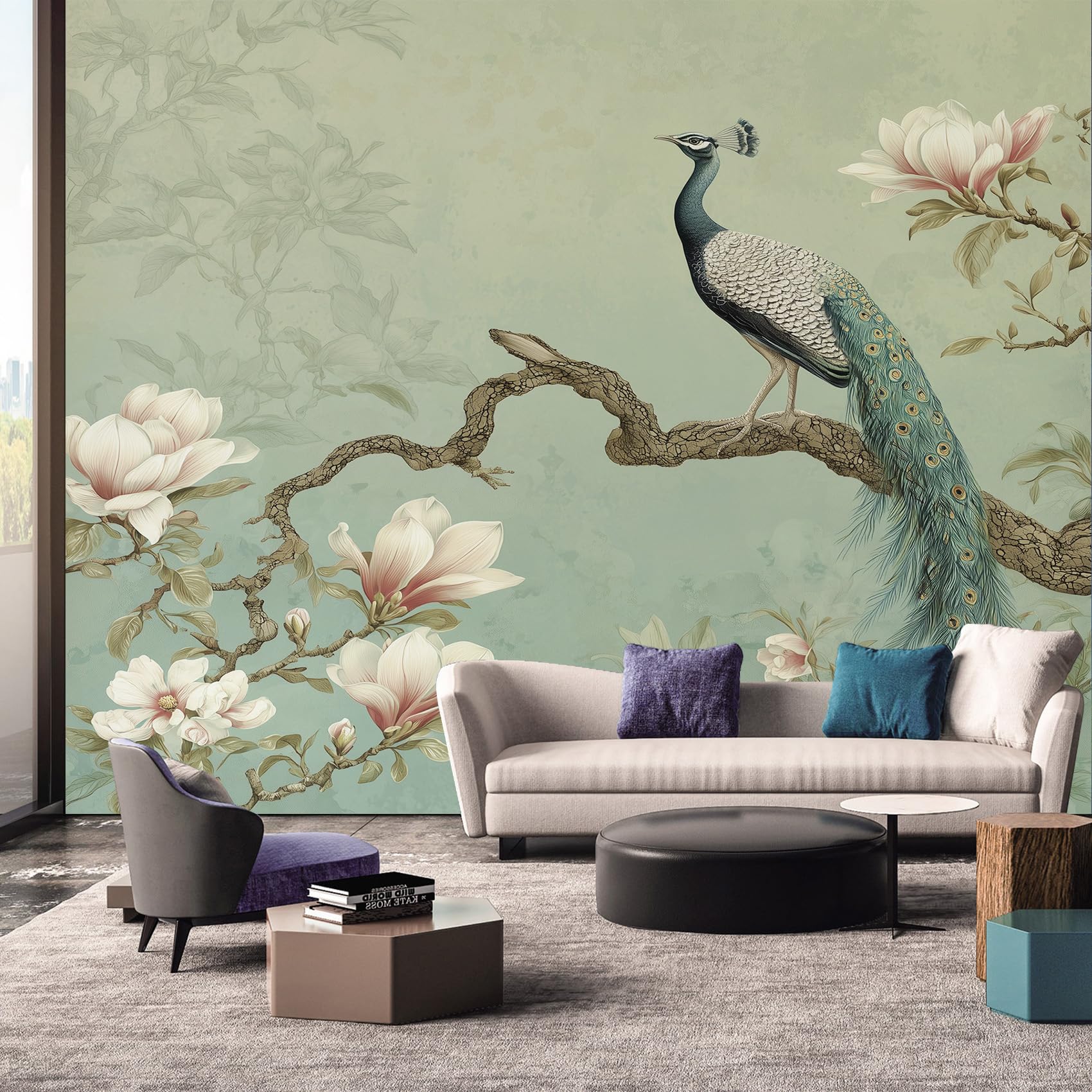 Peacock Wallpaper - Magnolia Floral Wall Mural - Wall Murals for Living Room Bedroom - Photo Wallpaper & Home Decor Art - 200 x 140 cm A-4445