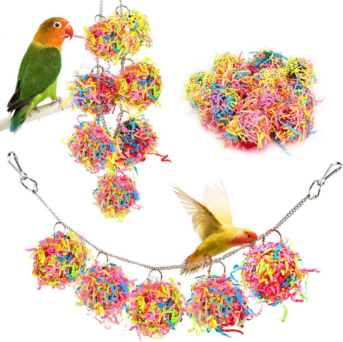 Lewondr Bird Chewing Toys, 10 Packs Bird Parrot Shredder Toy Foraging Hanging Cage Chew Toy Swing with Rings Parrot Foraging Hammock for Cockatiel Conure African Grey Parakeets - Colorful