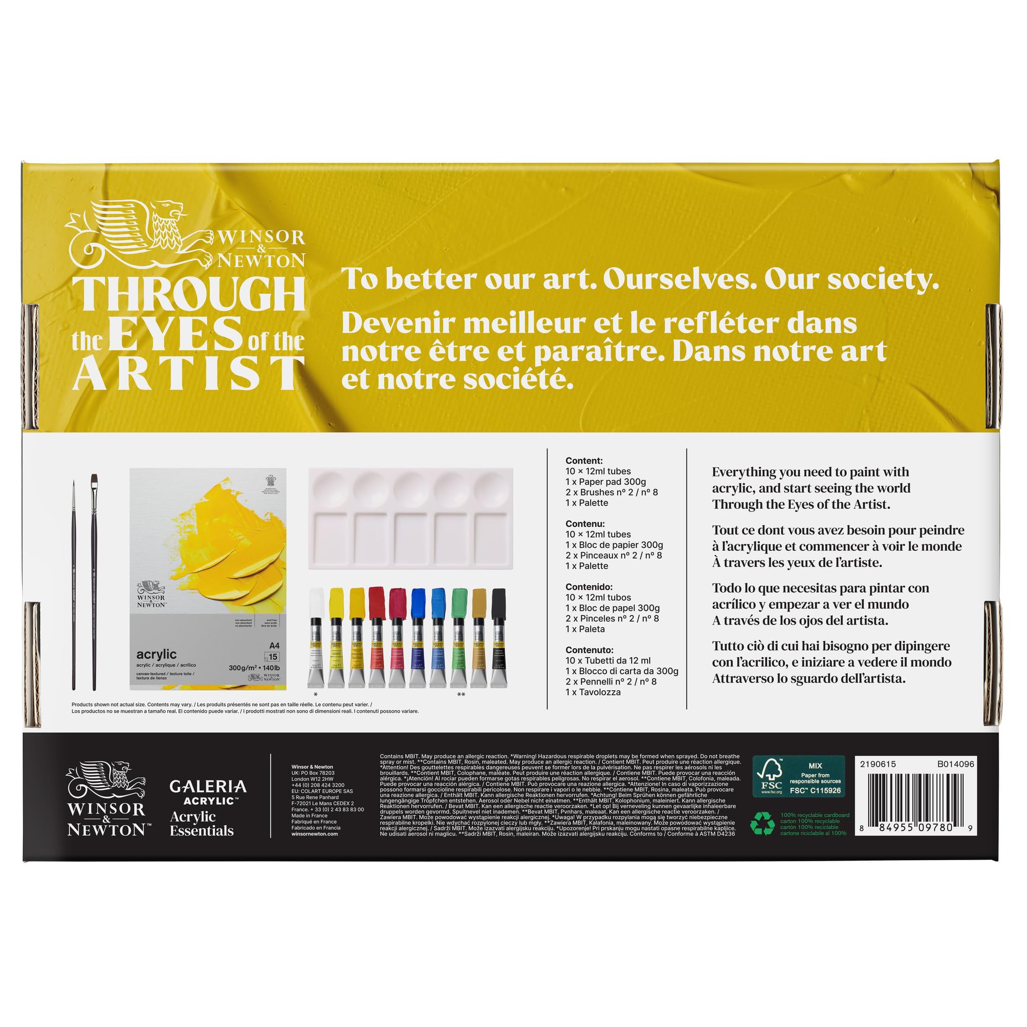 Winsor & Newton 2190615Zestaw tub z farbami akrylowymi Galeria, 10 farb akrylowych w tubkach 12ml, blok akrylowy, 2 pędzle akrylowe i akcesoria