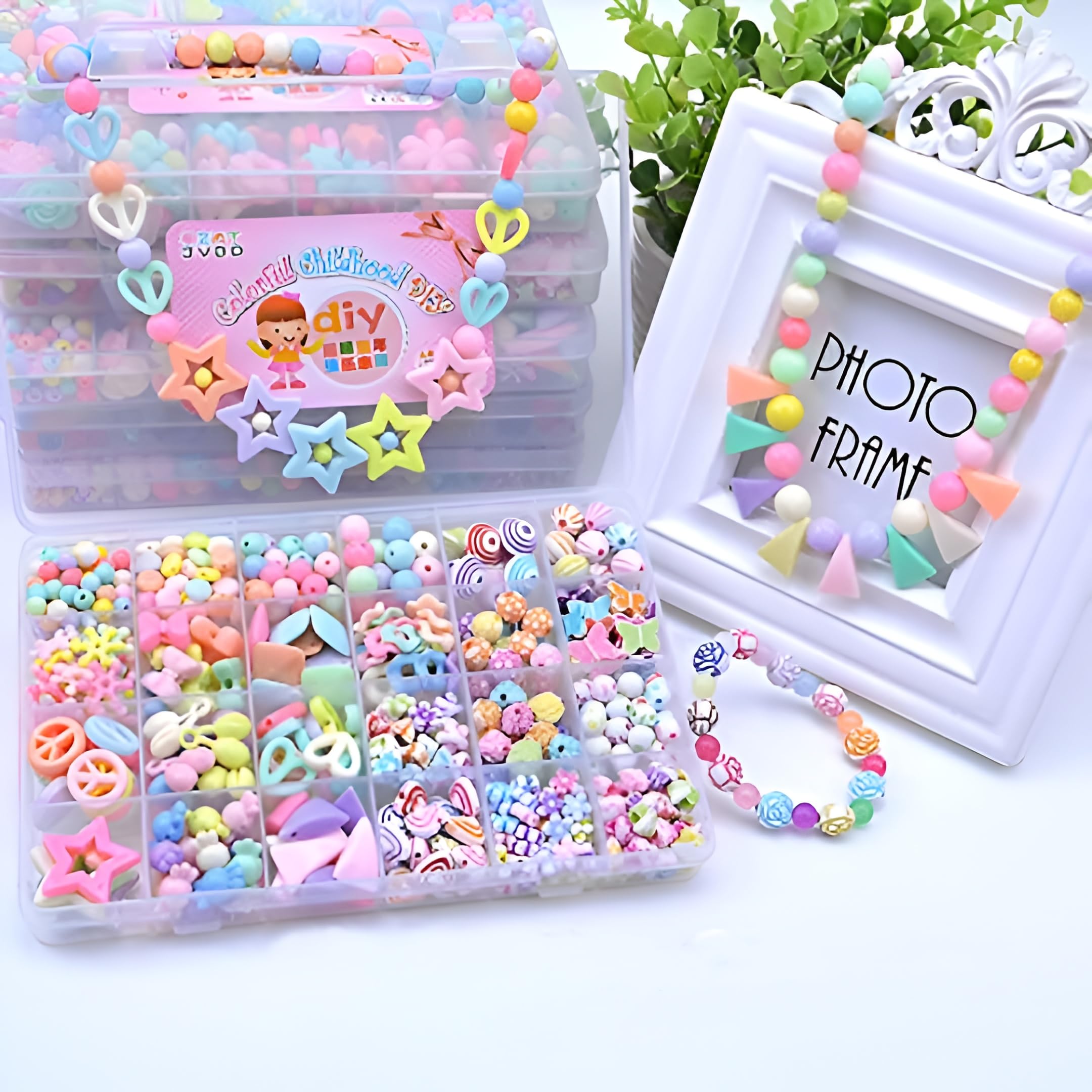 SYGA Plastic Beads for Kids Crafts Children's Jewelry Making Kit DIY Bracelets Necklace Hairband and Rings Craft Kits Birthday for 4, 5, 6, 7-Year-Old Little Girls(DIYBeadsSet-9) Multicolor