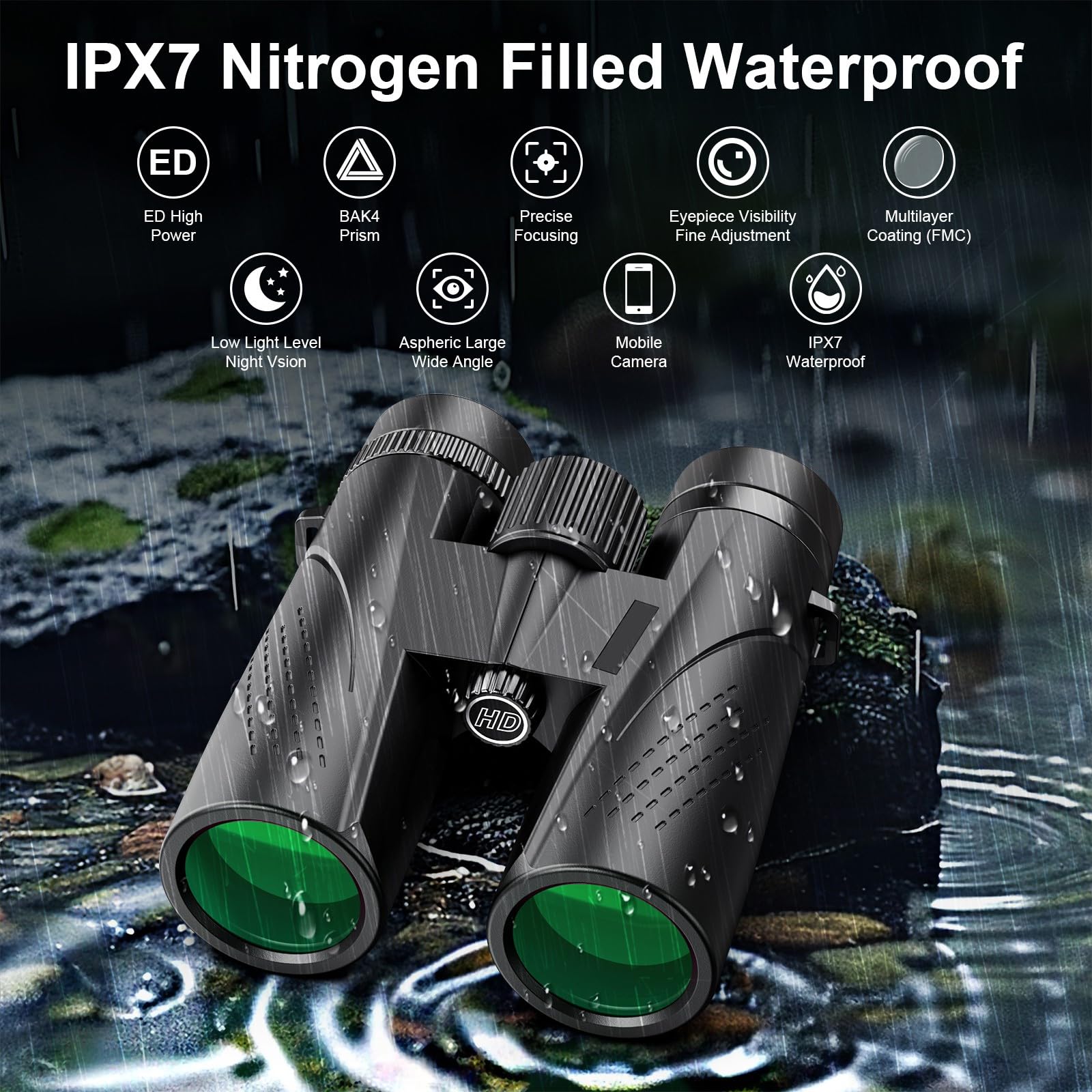 Prismáticos 12x42 para Adultos, Prismáticos HD Impermeables con Prisma BAK4 y Lente FMC, Telescópicos Portátiles para Observación de Aves Fútbol Escalada y Conciertos