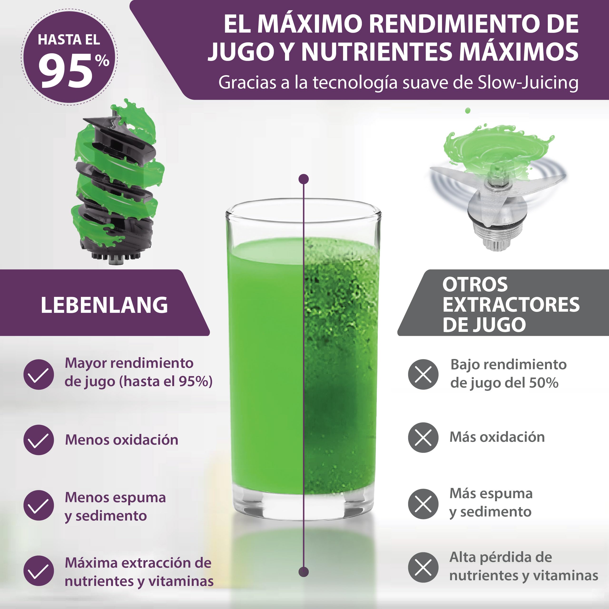 LEBENLANG Extractor de Jugo Lento - Acero Inoxidable & Libre de BPA I Juicer Licuadora para Verduras y Frutas Extractor de Zumos y Verduras I Licuadora Prensado Frio Juicer Machine