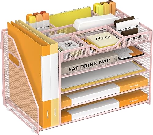 Miniatura 14 de Bandeja de Cartas de Papel de 5 Niveles con 3 Portabolígrafos Insertables, Organizador de Archivos de Escritorio de Malla con Asa, Organizadores de