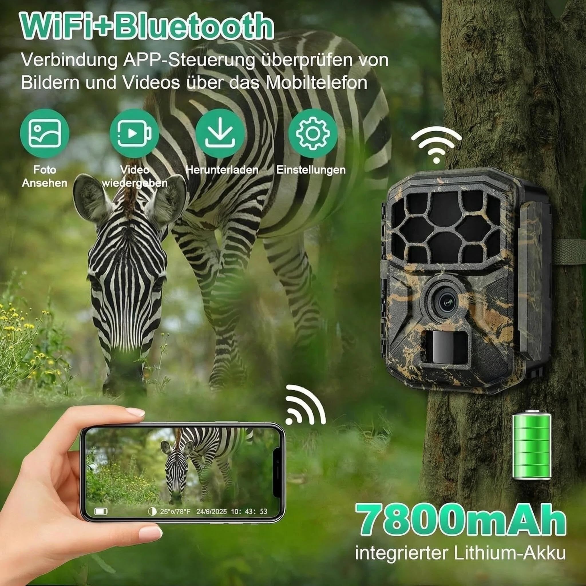 5K 64MP WLAN Solar Wildkamera mit Handy App, 64GB SD Karte | Bewegungsmelder Nachtsicht, 0,1s Schnellauslösezeit, 7800mAh Akku, IP66 Wasserdicht, Outdoor