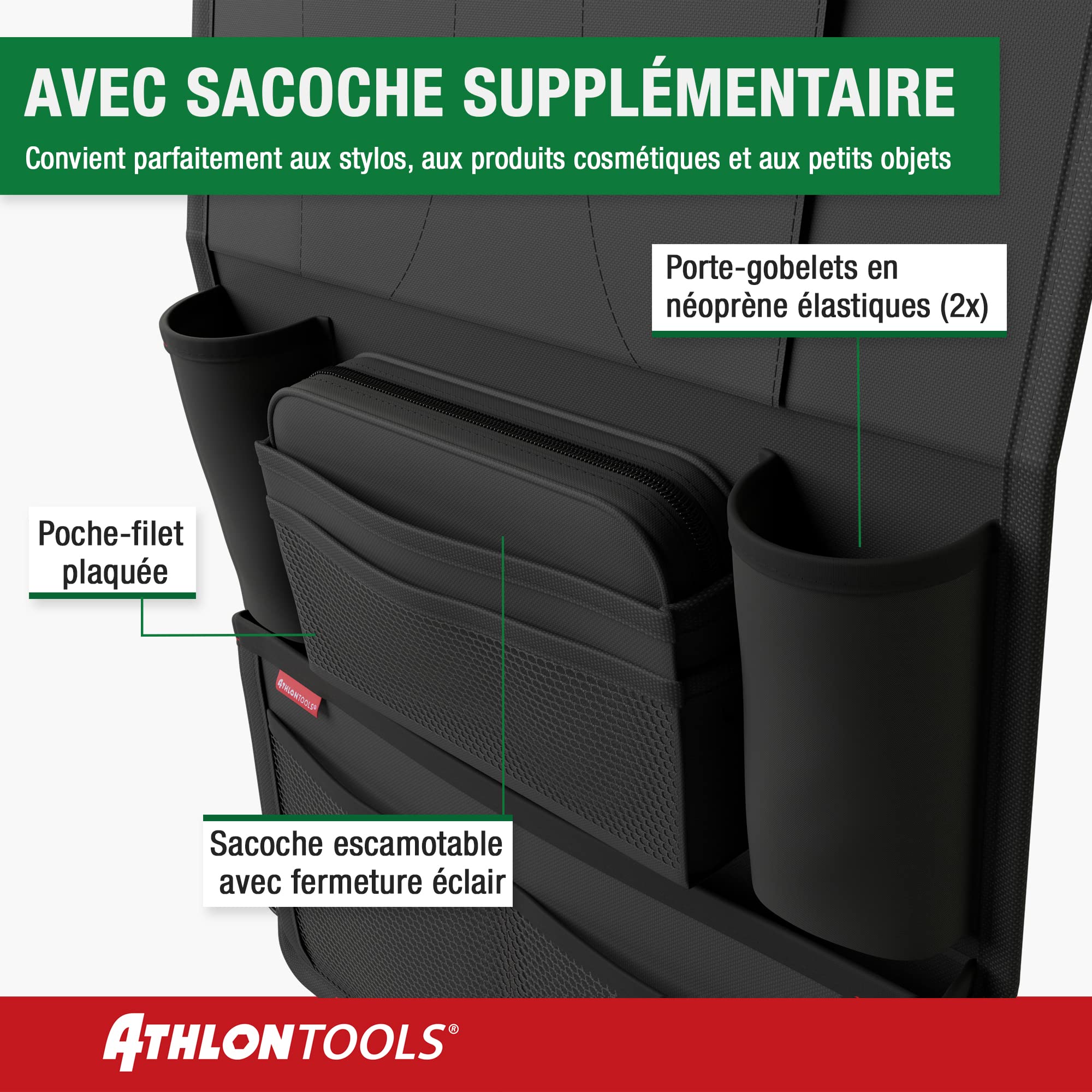 ATHLON TOOLS Organiseur de siège de voiture avec support de tablette intégré - Dos renforcé - Avec étui à crayons supplémentaire - Pour affaires et enfants - Conçu à Hambourg