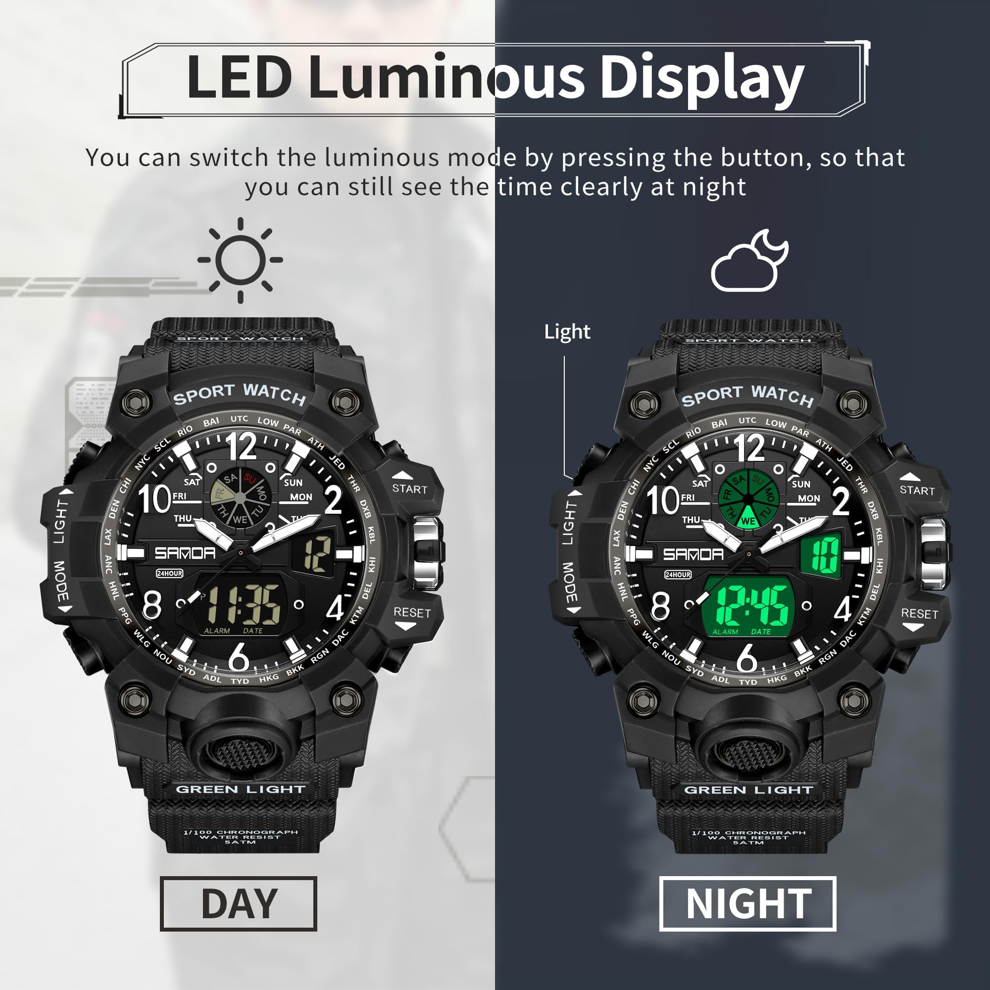 findtime Montre-bracelet numérique pour femme - Étanche jusqu'à 5 ATM - Montre militaire - Montre numérique pour garçons et filles - Montre de sport analogique numérique LED multifonction avec réveil