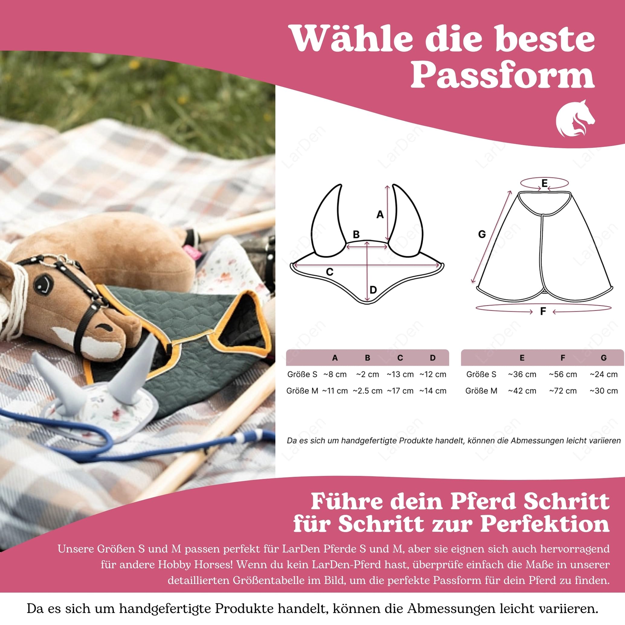 LarDen Hobby Horse Zubehör – Set Supreme Turquoise – Handgefertigte Decke & Fliegenhaube für Steckenpferd, Stockpferd & Spielpferd – Ohrenkappe, Ohrenhaube, Fliegenohren für Kinder – Hobby Horsing
