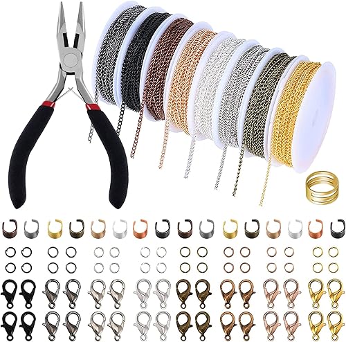 Wergund - Juego de 410 cadenas para hacer joyas, 8 rollos de cadena de eslabones de collar, 240 anillos divididos, cierres de langosta, cierres de