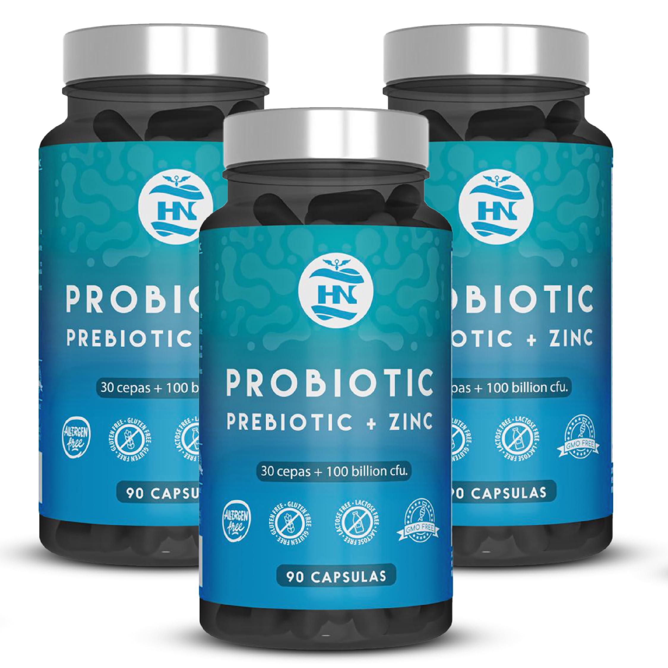 Probioticos y Prebioticos Intestinales 100 mil millones de UFC-30 Cepas Bacterianas Prebioticos y Probioticos con Zinc + Inulina Apoyo Inmunológico Probióticos para Flora Intestinal 90 Cáps (3 Botes)