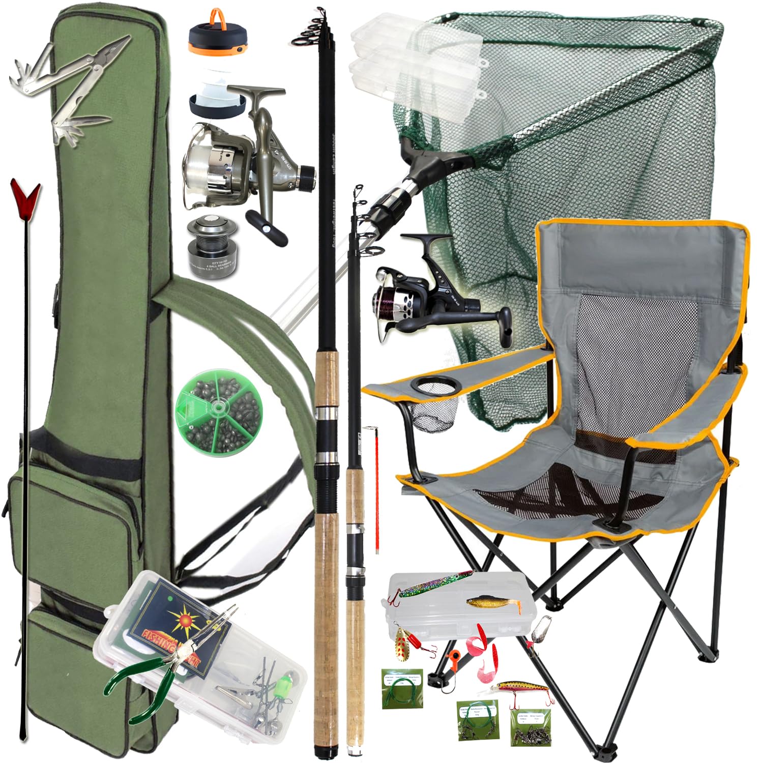 Vario Angelset Komplett Set Profi Forelle | 2x Rute 2x Rolle Spinnrolle Angelstuhl Angelbox Köder für Angelboxentasche Kescher