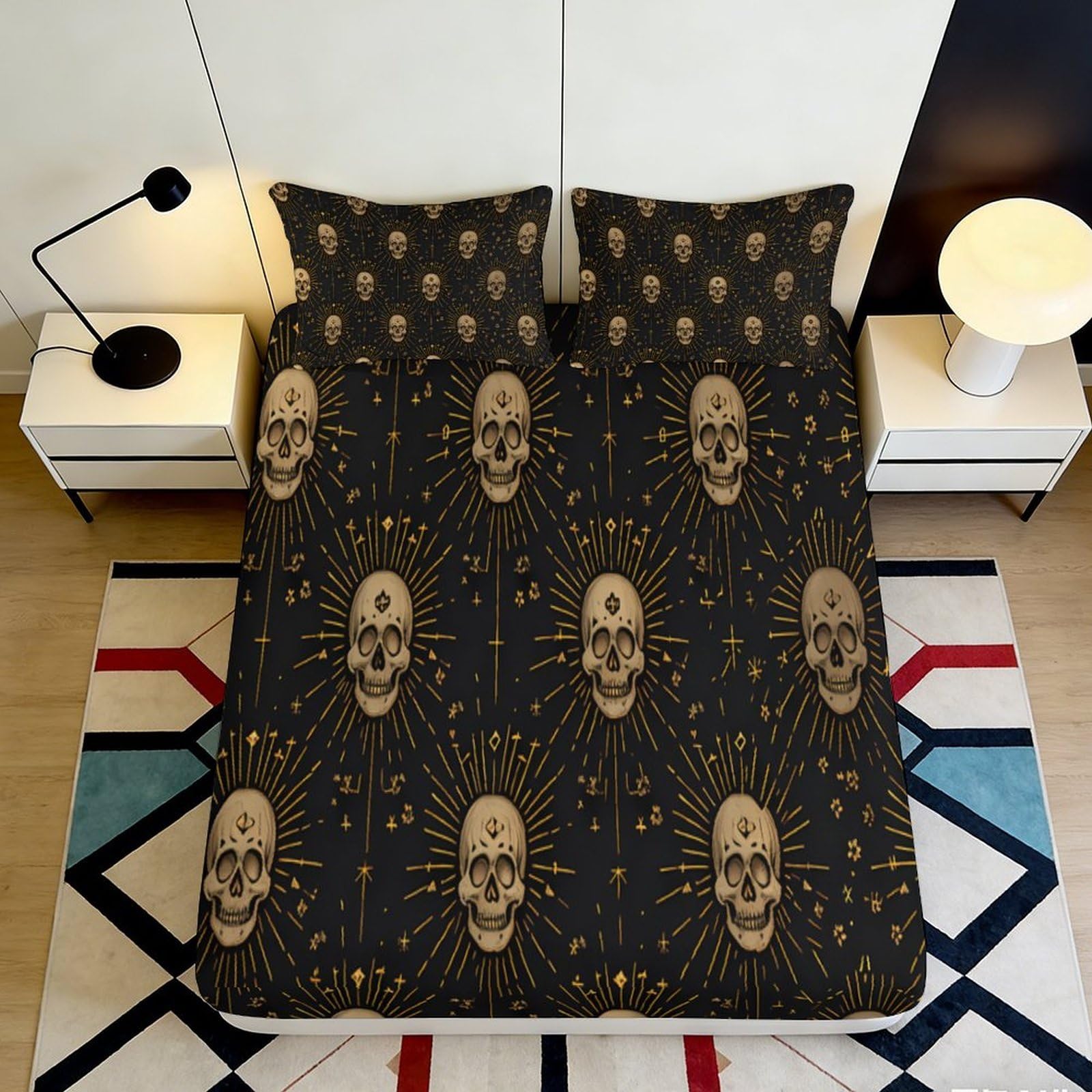 3D Printed Gothic Skull Fitted Sheet Microfiber Soft Durable Celestial Pattern Mattress Cover for Bedroom Dormitory Guest Room Protection 120x200x25cm